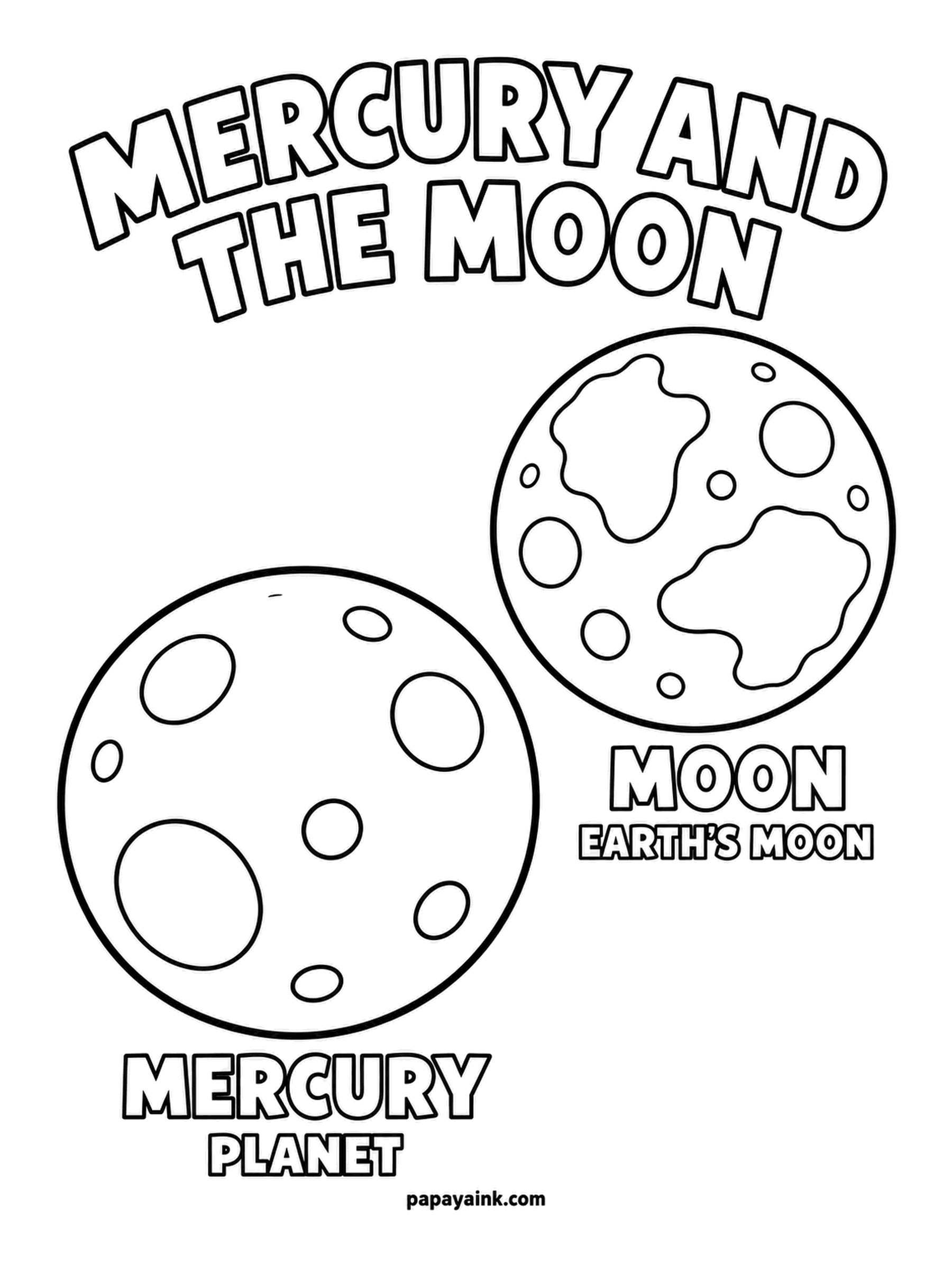 Planet Coloring Pages - Mercury and the Moon together, a pair of cratered balls that look alike until you notice Mercury is the bigger one and a planet in its own right. Warm gray for Mercury, cooler silver for the Moon.