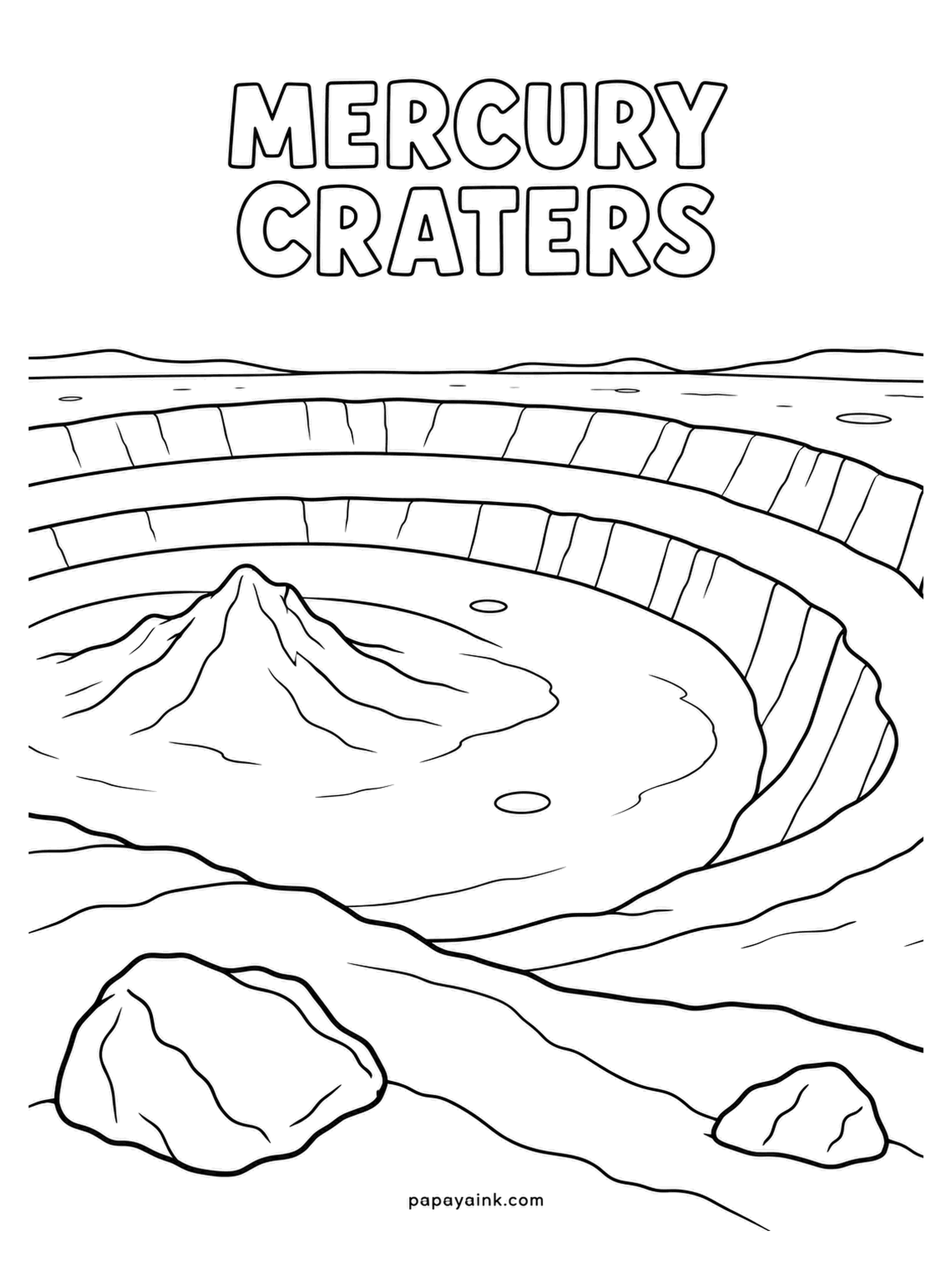 Planet Coloring Pages - Mercury craters up close: a bowl with stepped terrace walls and a central peak rising from the floor, loose rocks at the rim. Shades of slate and warm gray, with the sunlit terrace edges left nearly blank.