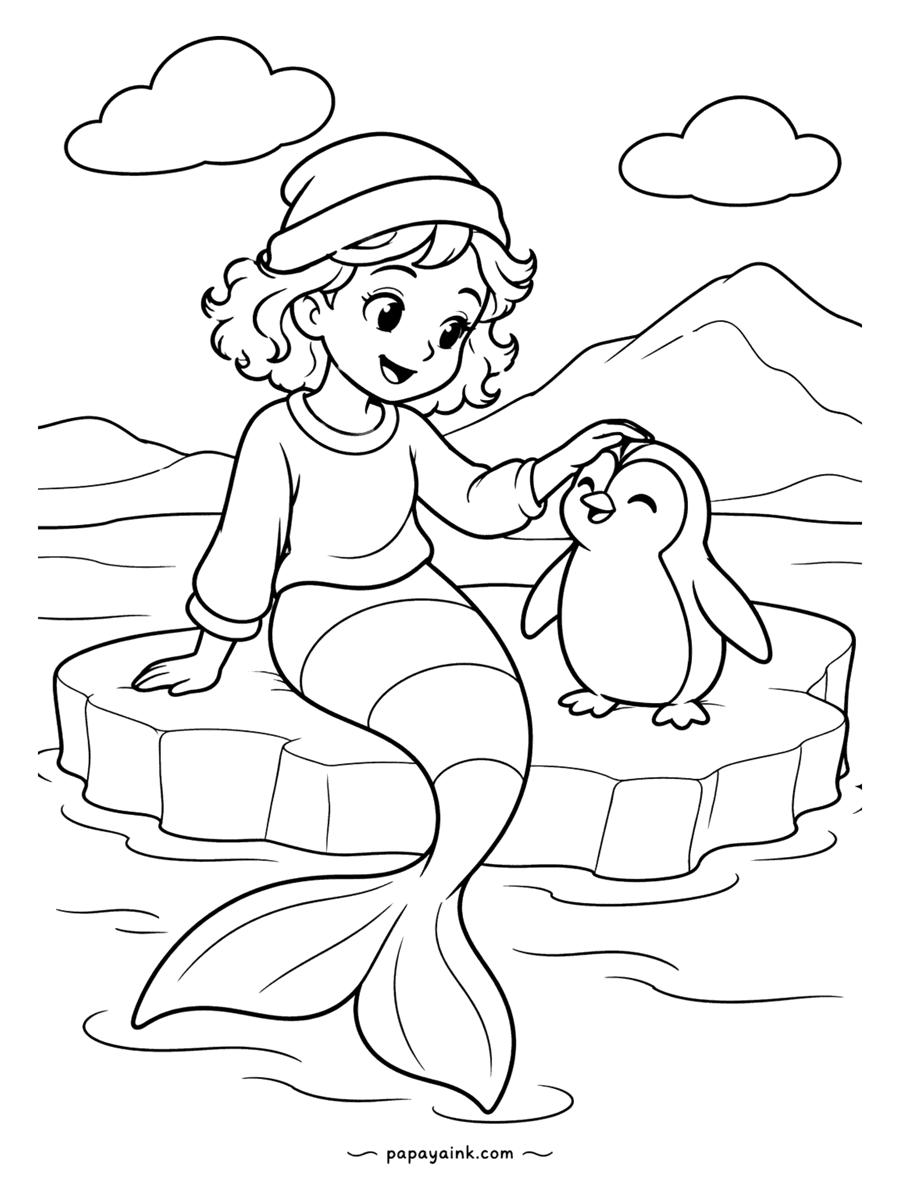 Easy Mermaid Coloring Pages - Knit hat, long sleeves, ice floe: this mermaid has gone north to pat a baby penguin on the head. Mountains in the distance. Pale blue shadows on the ice, black and white for the penguin, done.