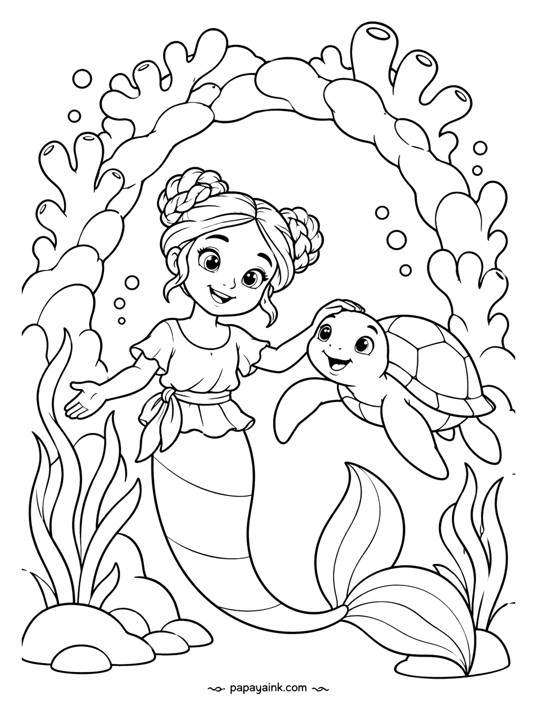 Easy Mermaid Coloring Pages - Under an arch of knobbly coral, a mermaid with braided buns pats a baby sea turtle on the head. The turtle's shell is a grid of big plates, perfect for a different green in each one.