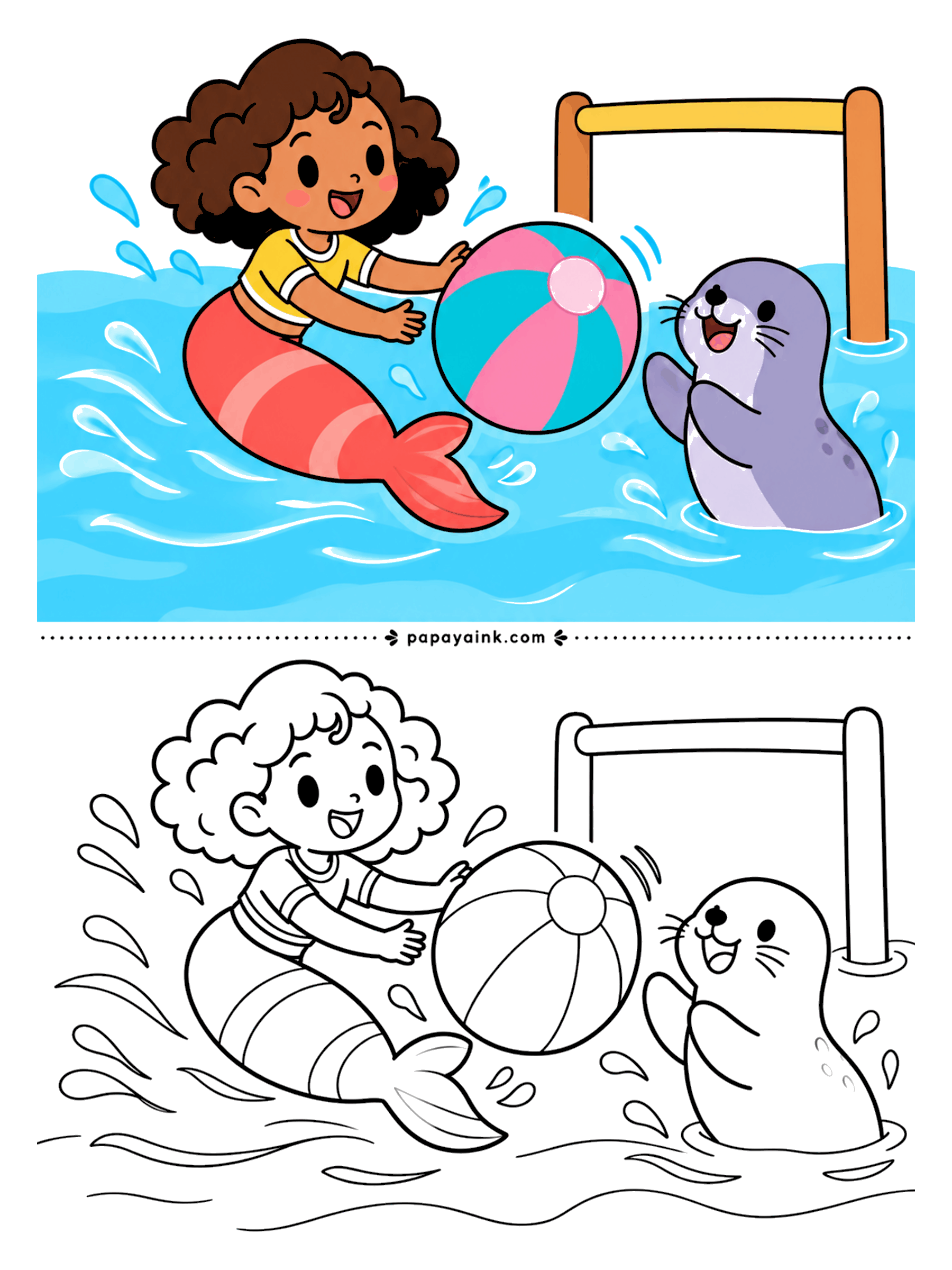Easy Mermaid Coloring Pages - Splash fight at the pool goal: a curly-haired mermaid in a yellow rash guard shoves a striped beach ball at a gray seal, and the seal is loving it. Water drops fly everywhere. Thick wavy lines - fast to fill.