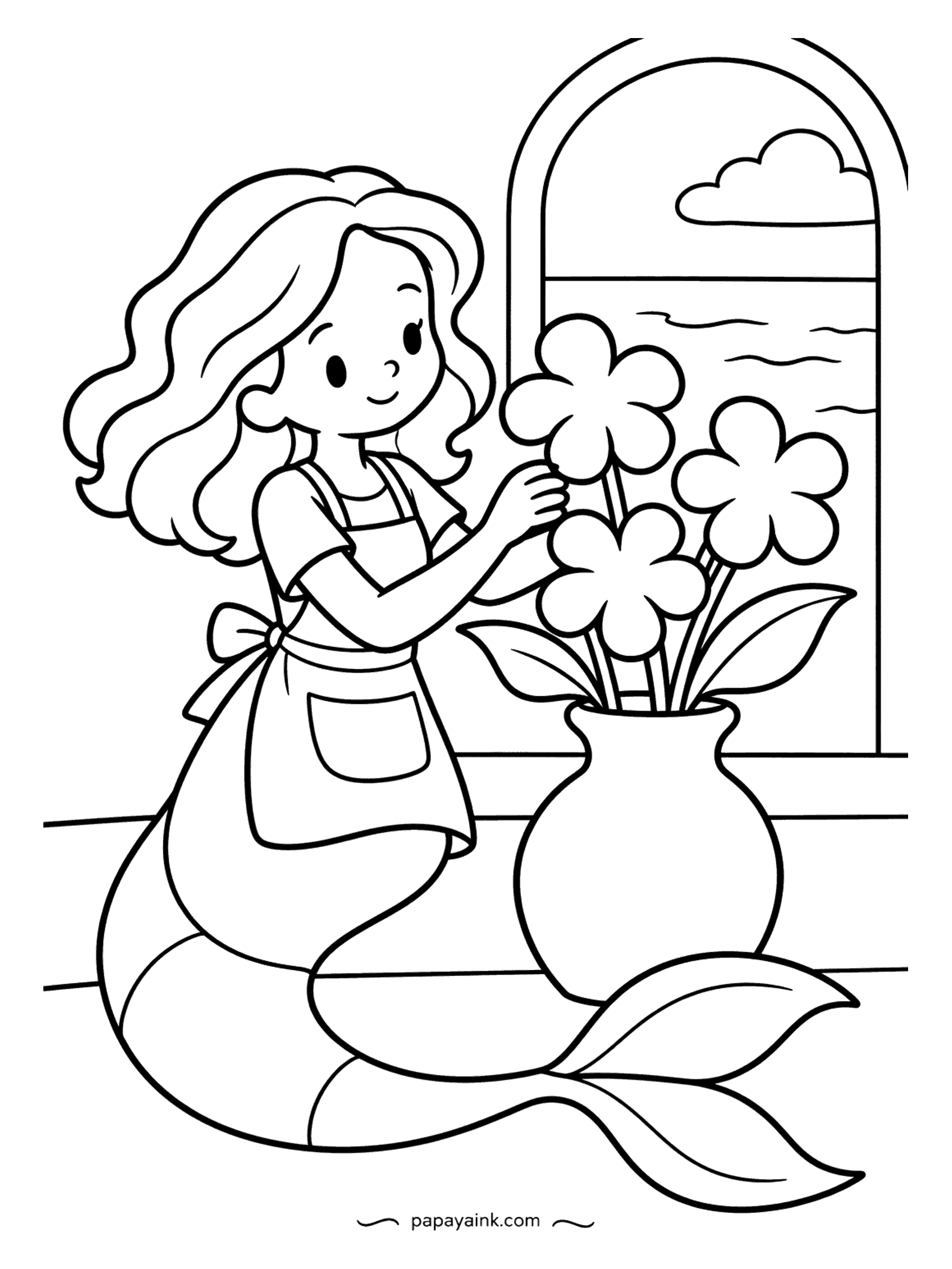 Easy Mermaid Coloring Pages - By an arched window with a view of the waves, an aproned mermaid tucks round-petaled flowers into a fat vase. Flowers like these take whatever you have left in the box.