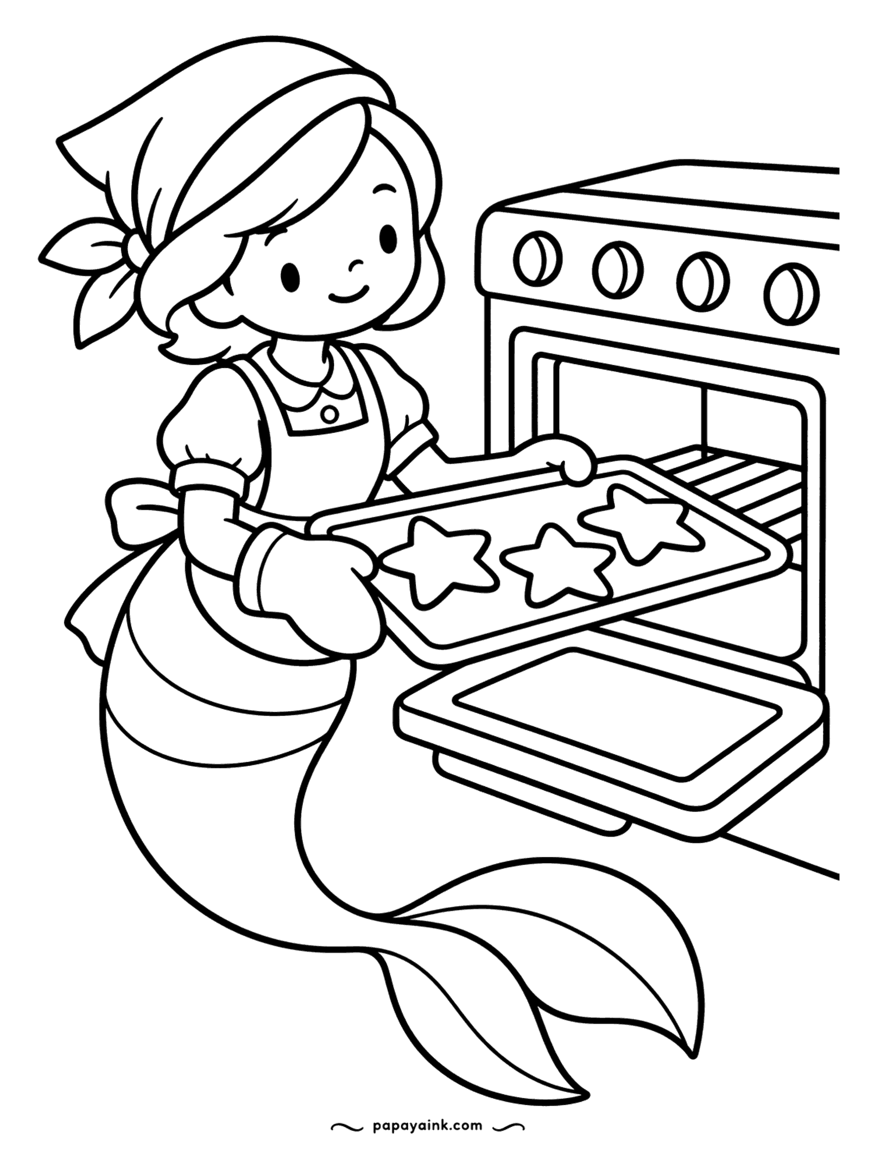 Easy Mermaid Coloring Pages - Oven mitt on, kerchief on, tray out: a row of star cookies is done and the kitchen is about to smell wonderful. Pale gold for the cookies, and leave a little white where the sugar would sparkle.