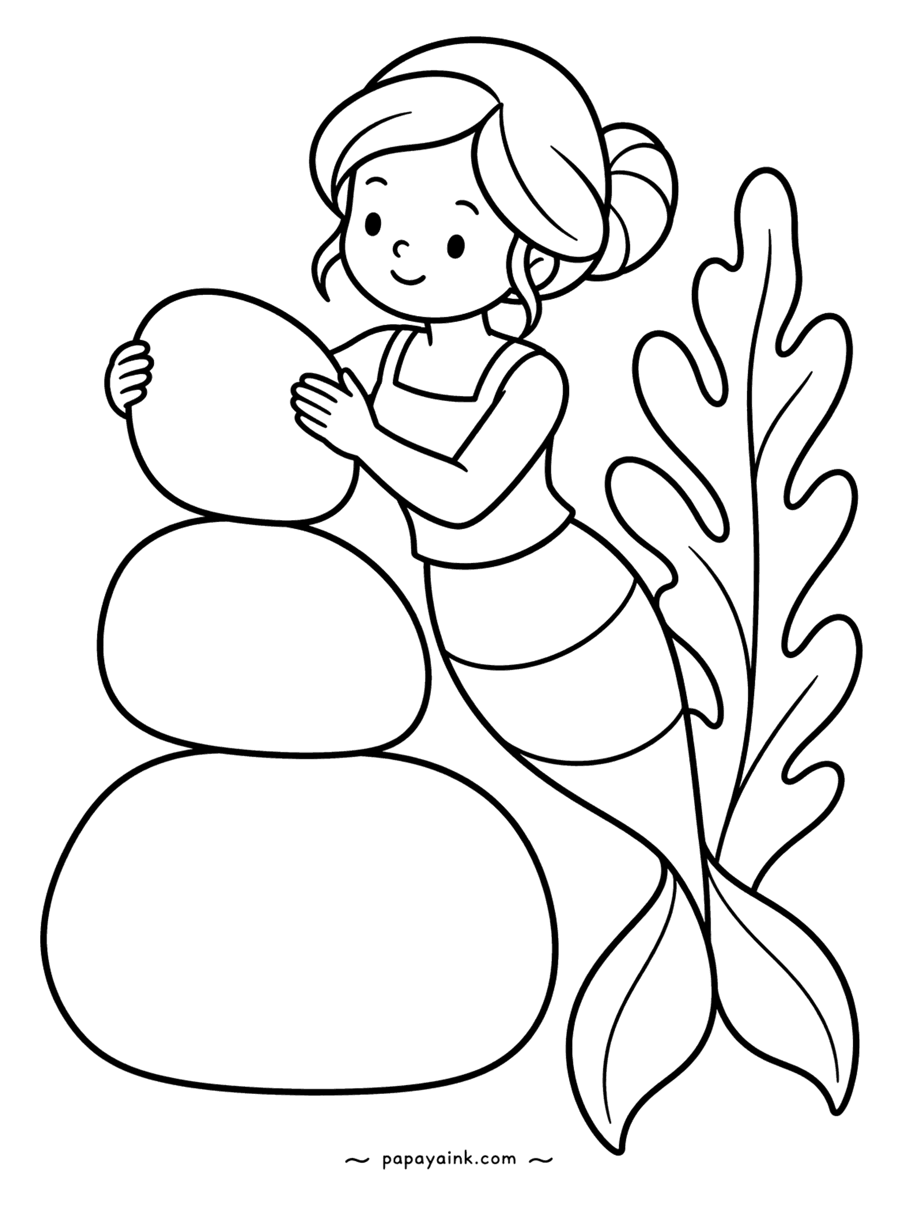 Easy Mermaid Coloring Pages - Three rounded stones stacked, a fourth about to go on top, and a low-bunned mermaid holding her breath. A tall frond of seaweed stands beside her. Shade each stone a slightly different gray or tan.