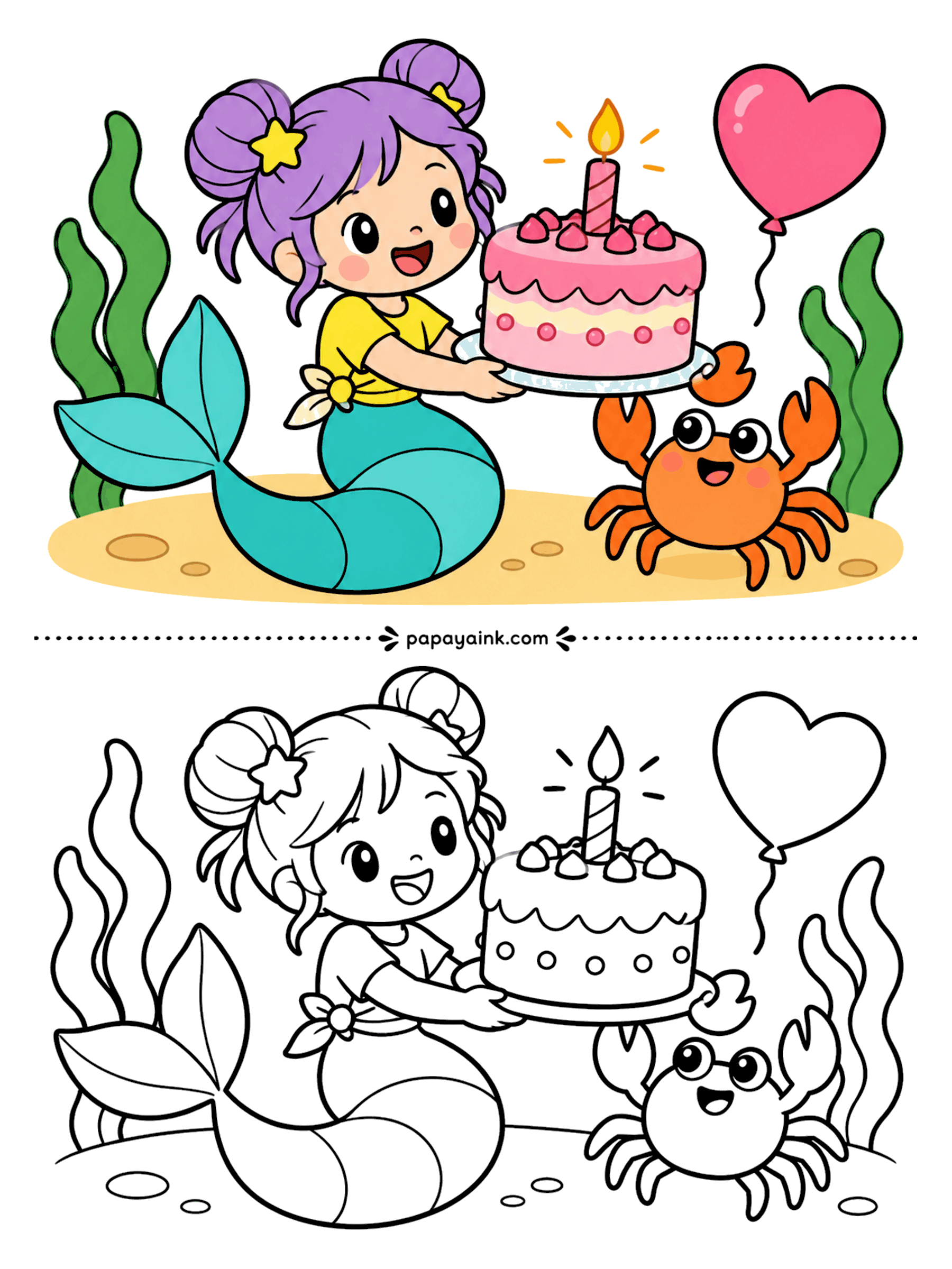 Easy Mermaid Coloring Pages - Birthday under the sea. A purple-bunned mermaid in yellow carries out a pink cake with one lit candle, a heart balloon bobs behind her, and the crab is first in line for a slice. The sample shows the colors; the outline is yours.