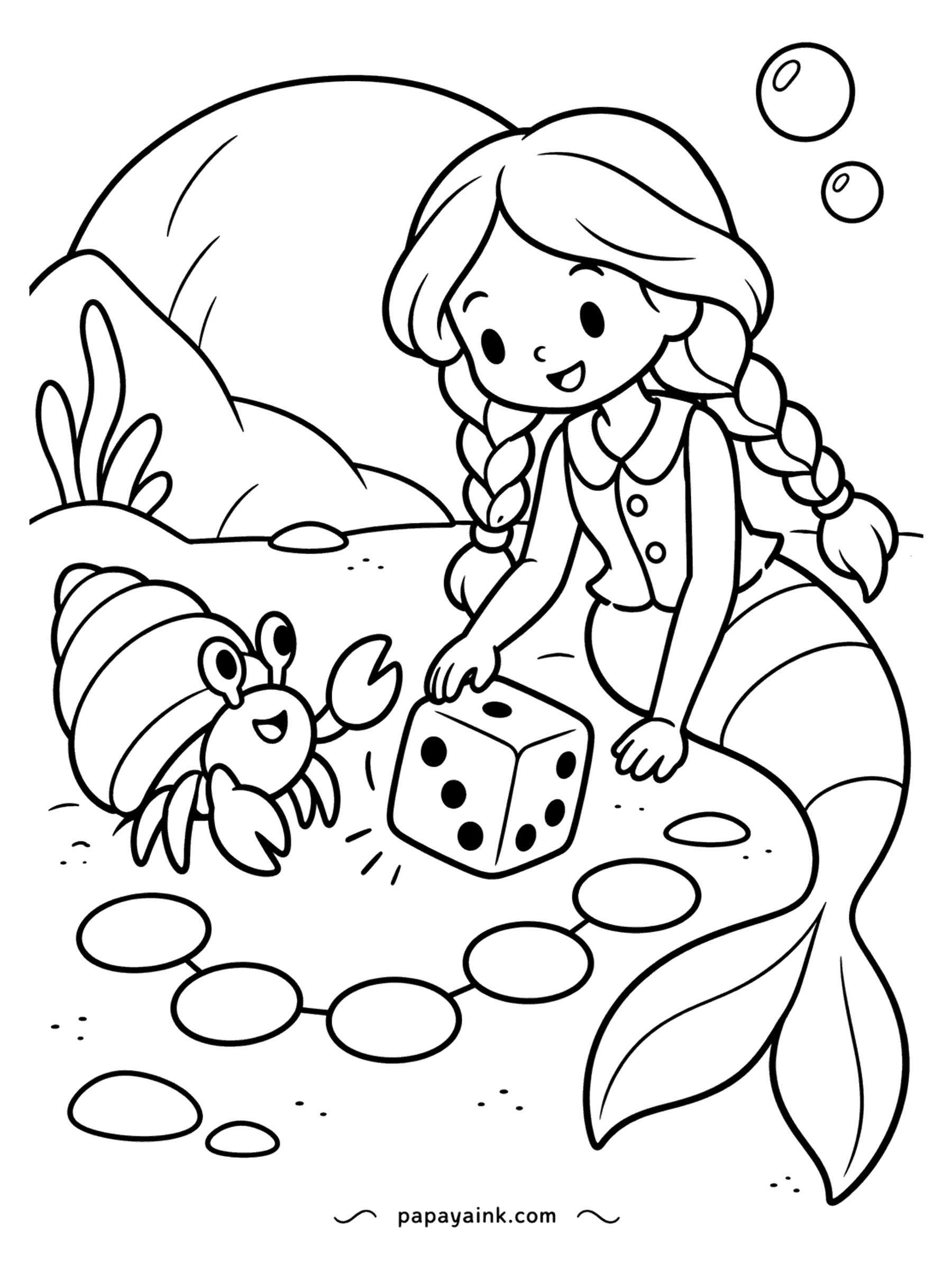 Easy Mermaid Coloring Pages - The hermit crab has just rolled the die and the braided mermaid is counting spaces along a path of flat stones. Bubbles rise behind her. A different shade for every stone turns the path into a real game board.