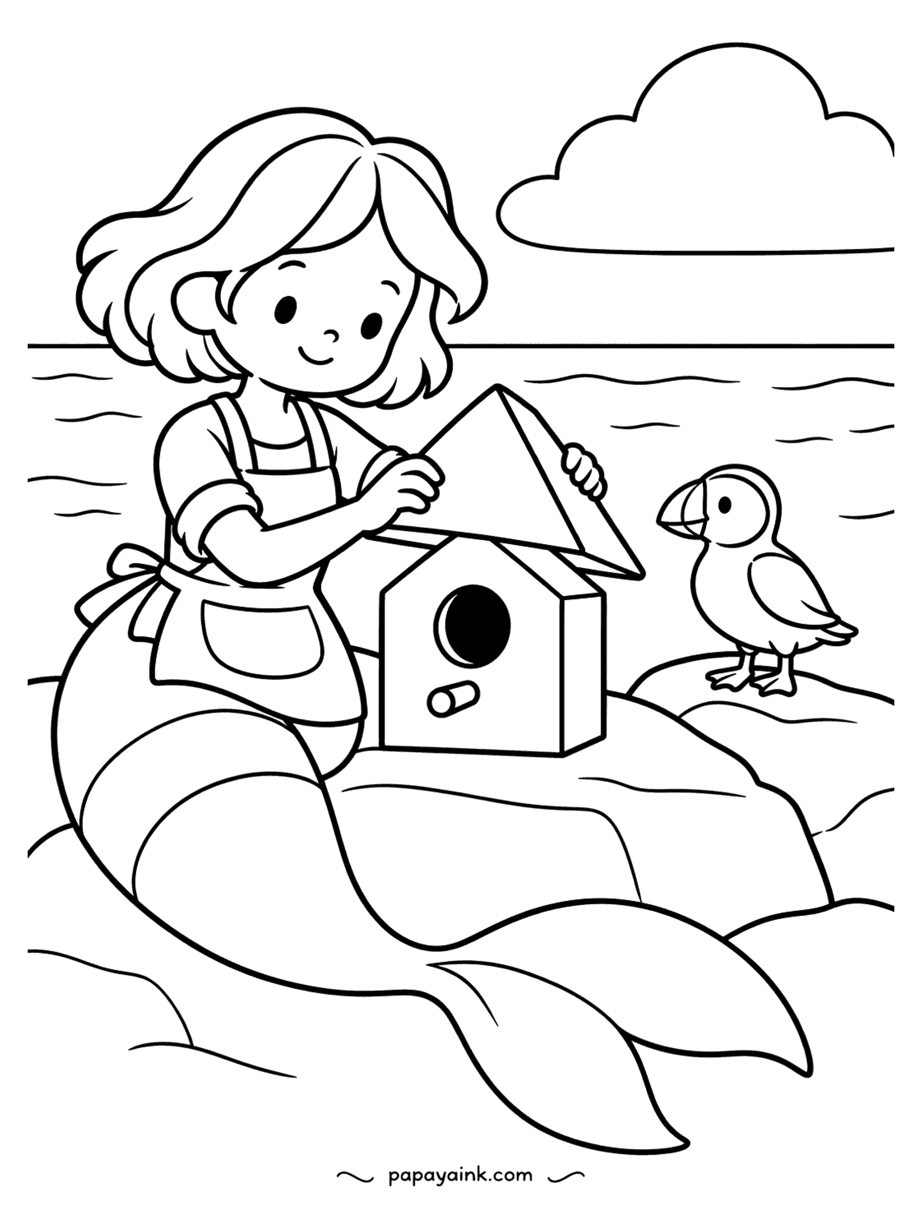 Easy Mermaid Coloring Pages - A puffin stands by on the rock, inspecting the roof as the mermaid in an apron sets it on the birdhouse. Clouds and open sea behind. The puffin's beak is the one place to go bright: orange and yellow.