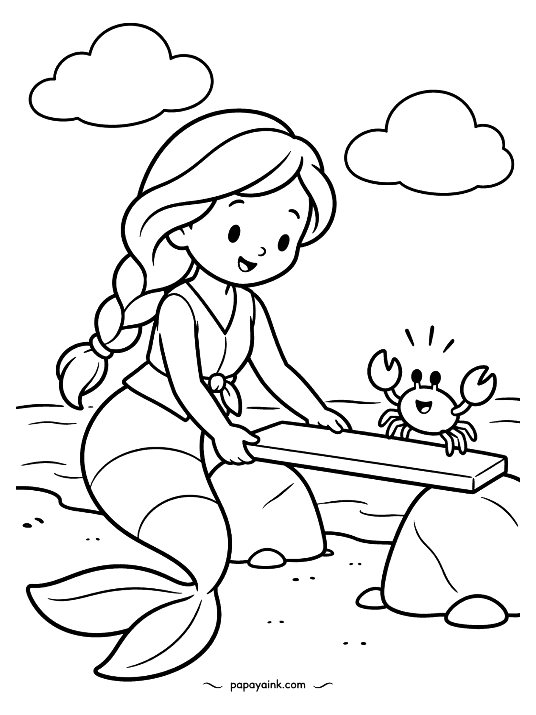 Easy Mermaid Coloring Pages - One plank, two rocks and a very excited little crab. The mermaid holds the board steady while her friend tests the new bridge. Sand, clouds, calm water: almost nothing small to stay inside of.