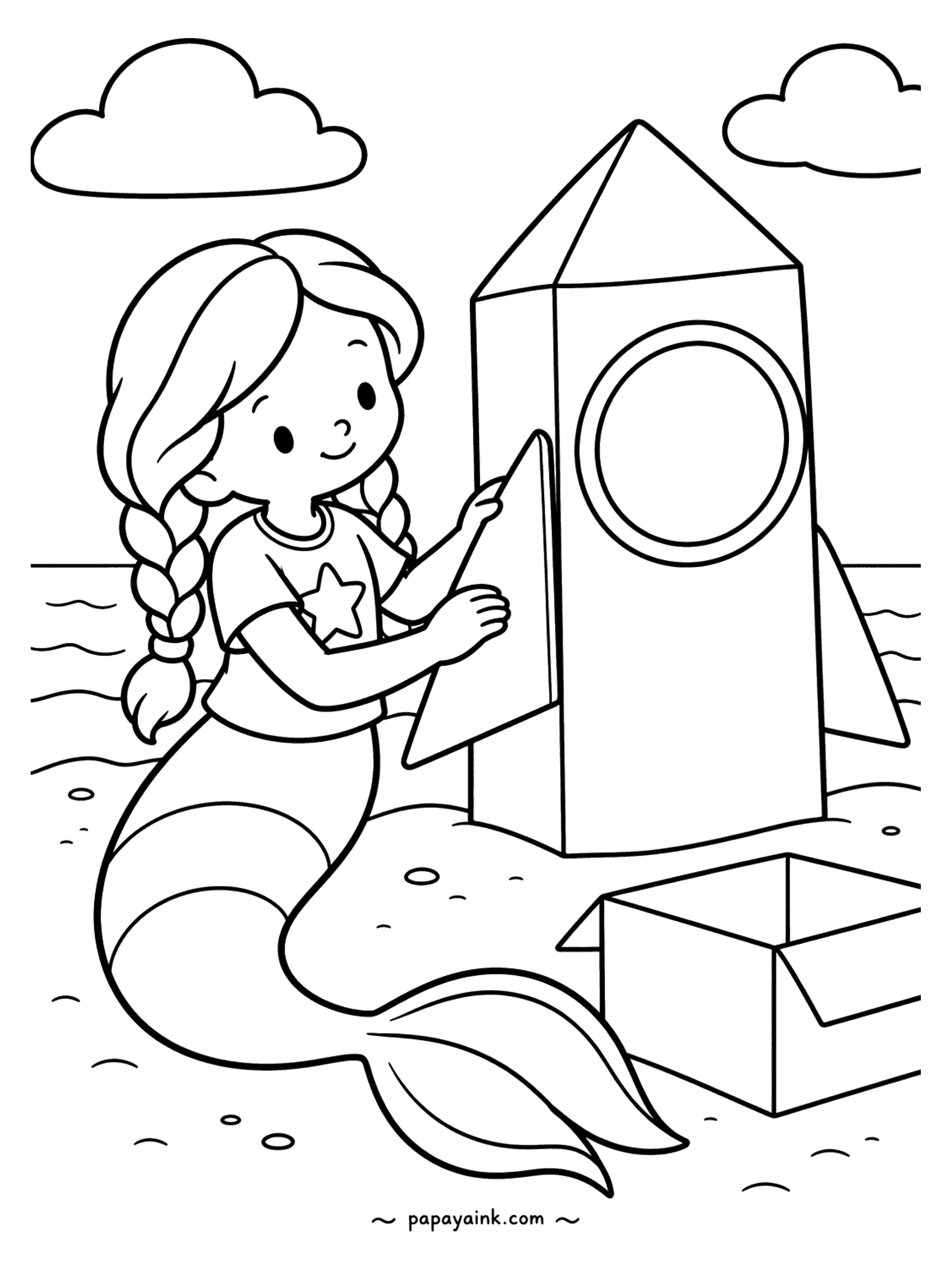 Easy Mermaid Coloring Pages - The box arrived this morning and by noon it is a rocket. Twin braids swinging, she holds up the last cardboard fin on the beach while real clouds drift past the porthole. Tape stripes down the sides if you like.