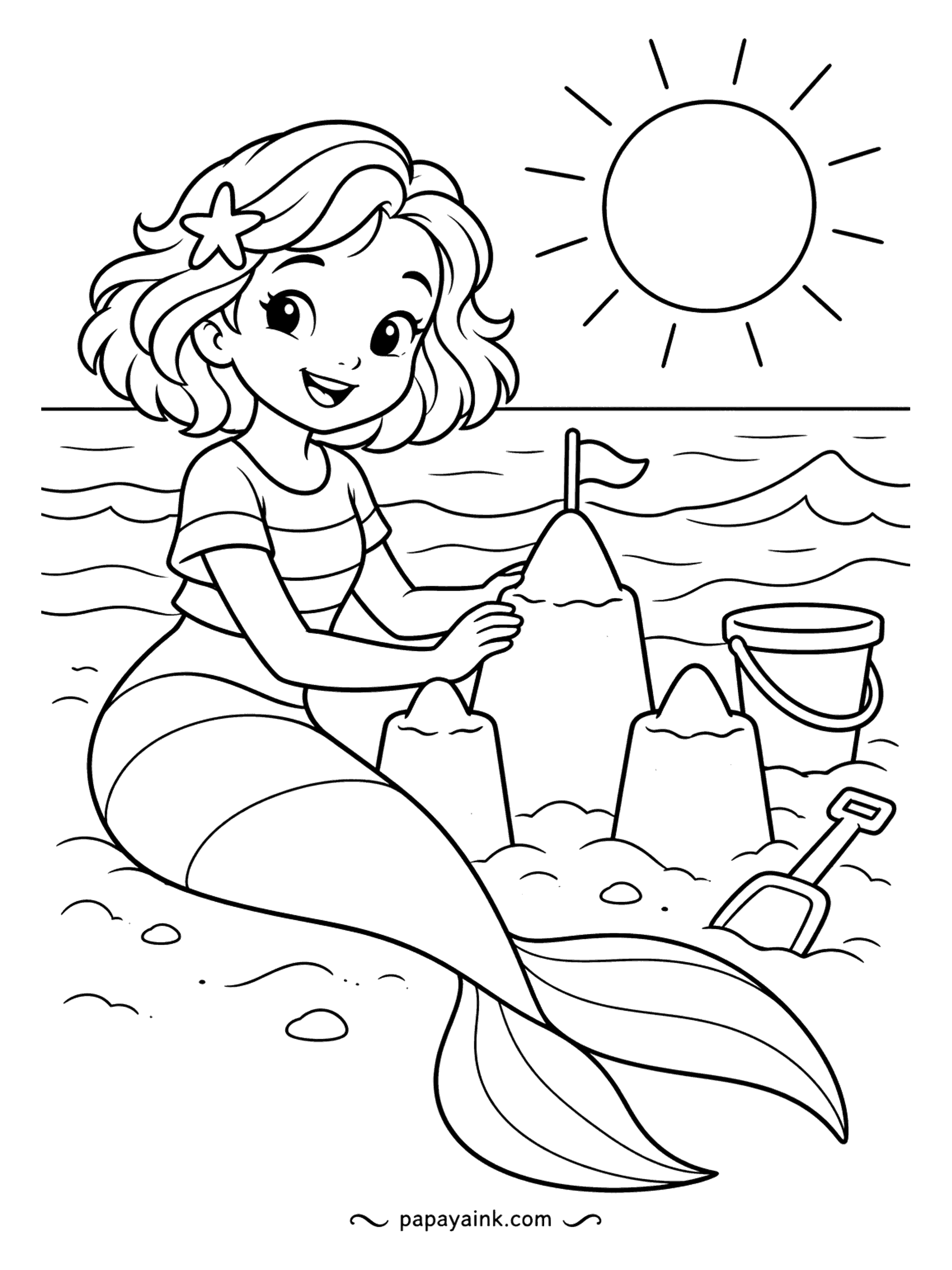 Easy Mermaid Coloring Pages - Beach day. A mermaid in a striped tee presses the last tower of her sandcastle into place, with a bucket and shovel waiting beside her and the sun high above the water. Big sunny shapes - a quick page.