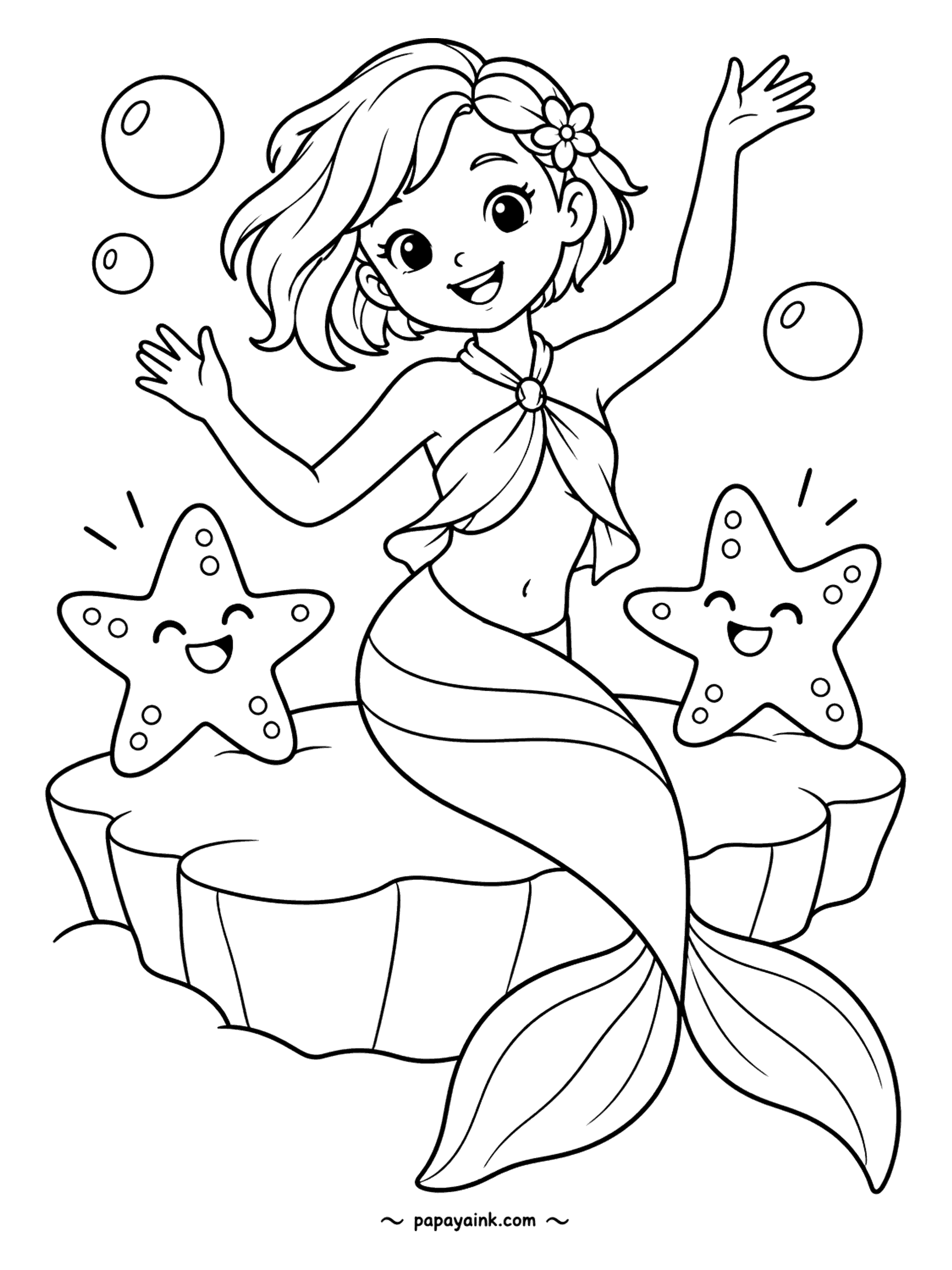 Easy Mermaid Coloring Pages - Two starfish, both grinning, both dancing, and a mermaid joining in from the top of a flat rock. Starfish are usually orange, but nobody will check.