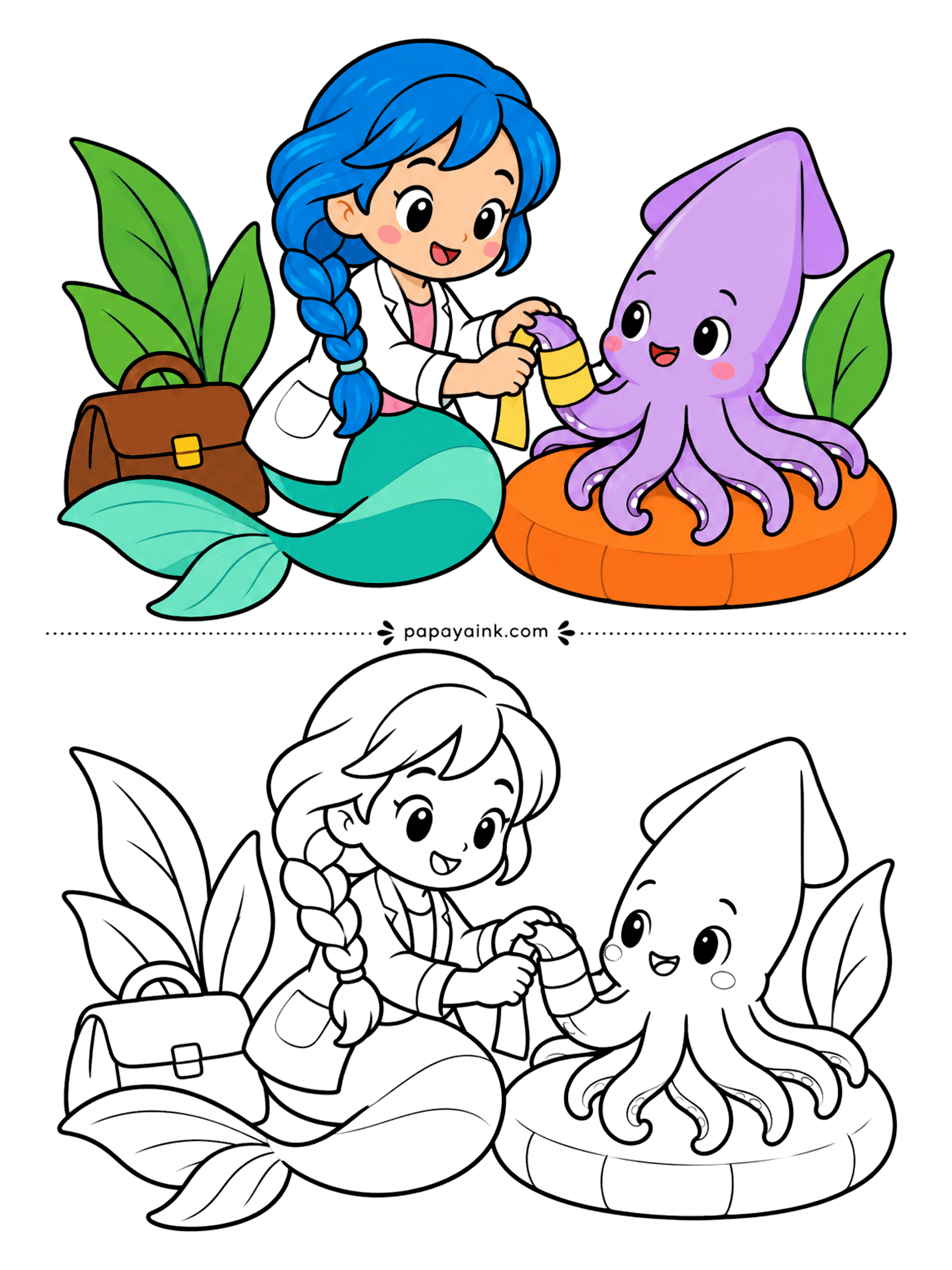 Easy Mermaid Coloring Pages - Doctor's rounds on the reef. The doctor is a mermaid in a white coat, wrapping a yellow bandage around a squid's arm while the patient sits bravely on an orange cushion, medical bag at the ready. Big smooth shapes throughout.