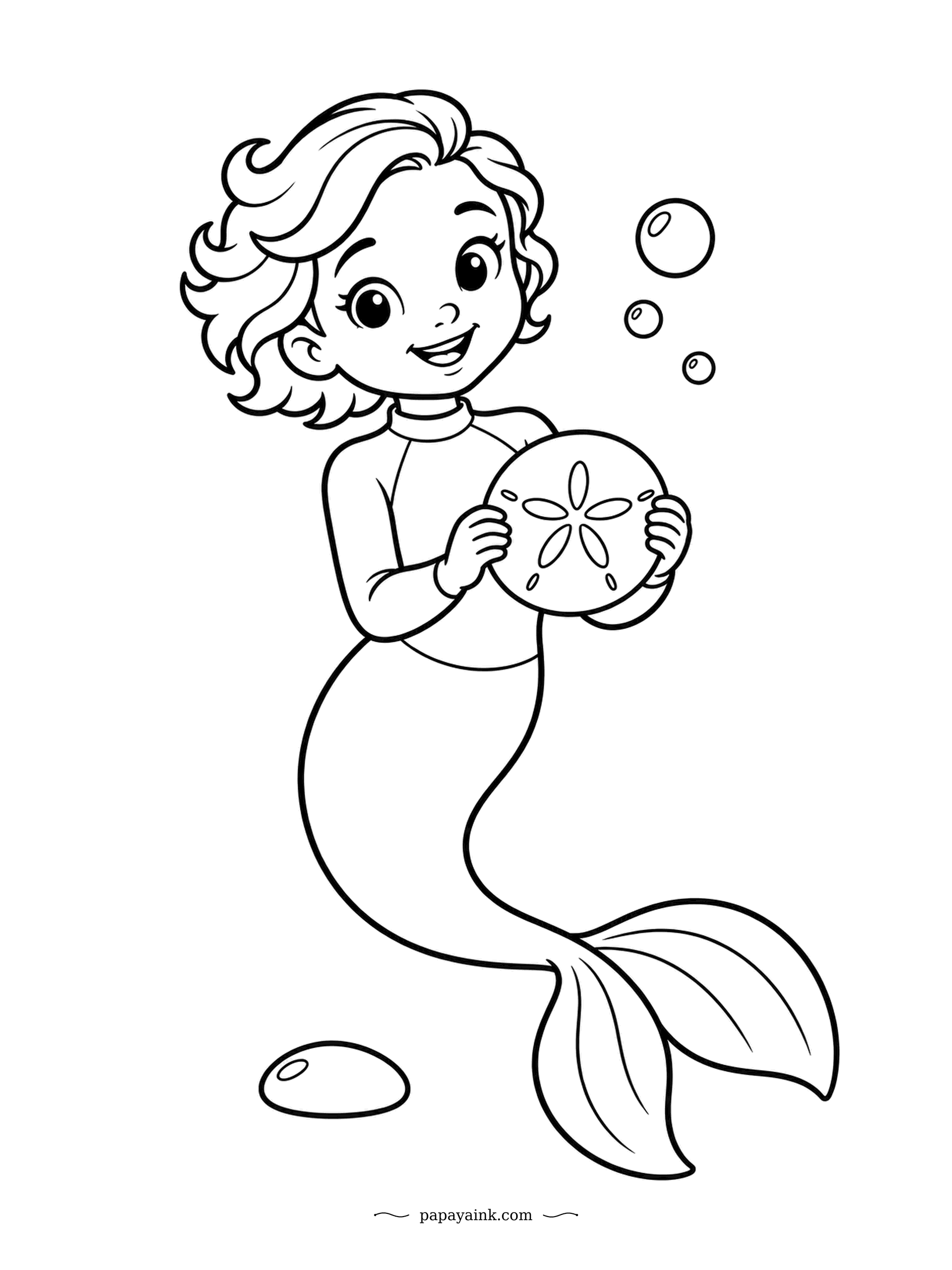 Easy Mermaid Coloring Pages - Held up to the light like a coin from a lost wallet. The five-petal pattern on a sand dollar is a set of breathing holes, so she is admiring its nose. Big open shapes and almost no background - a good first sheet.
