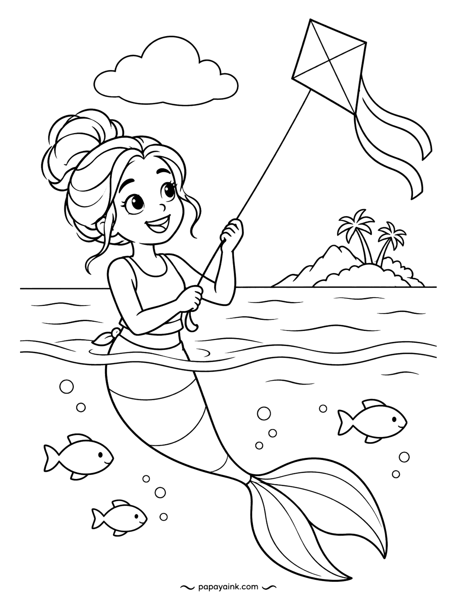 Easy Mermaid Coloring Pages - Half in the water, half out, a mermaid in a high bun flies a kite over the bay while a palm island sits on the horizon. Fish circle below. Give the kite stripes and the tail ribbons two different colors.