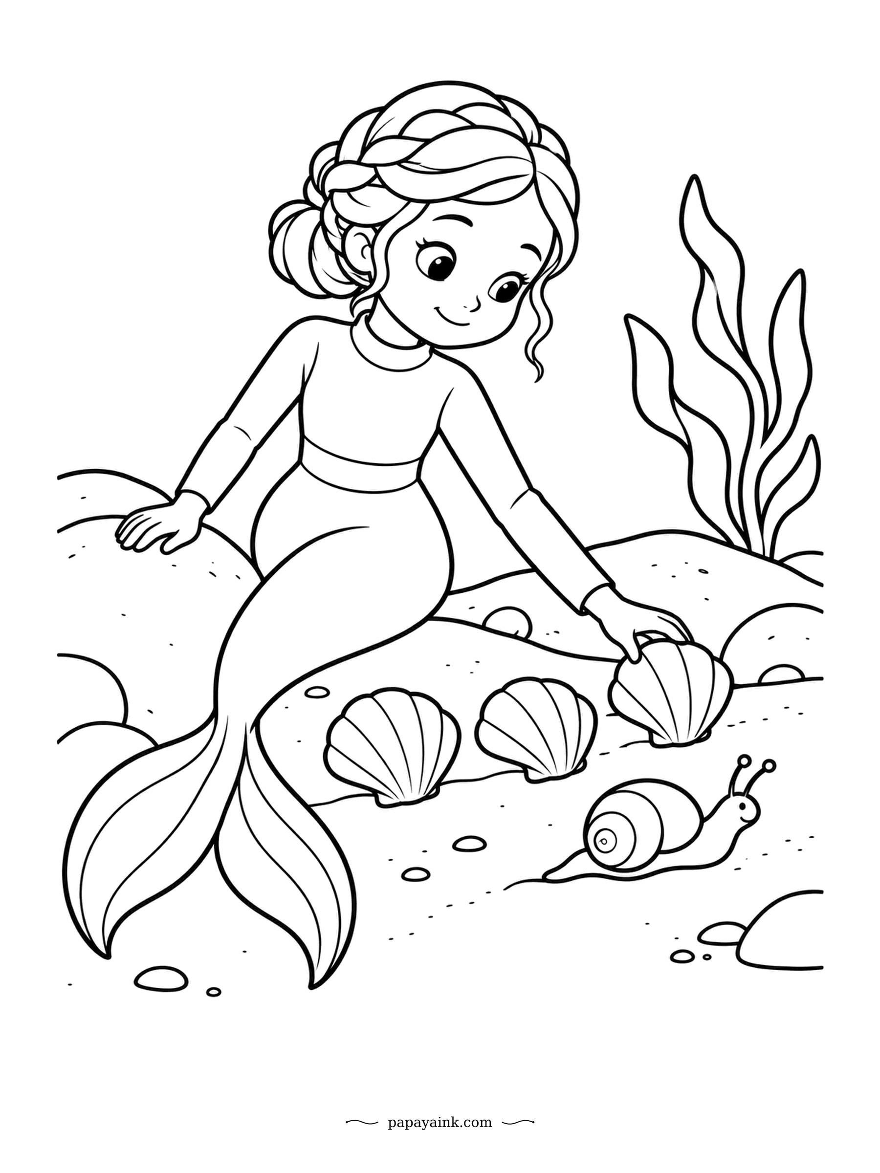 Easy Mermaid Coloring Pages - Three scallop shells in a row, and at the end of the row a snail that may or may not have arranged them. She leans in from her rock to ask. The pebbles dotted across the sand take a second color well.