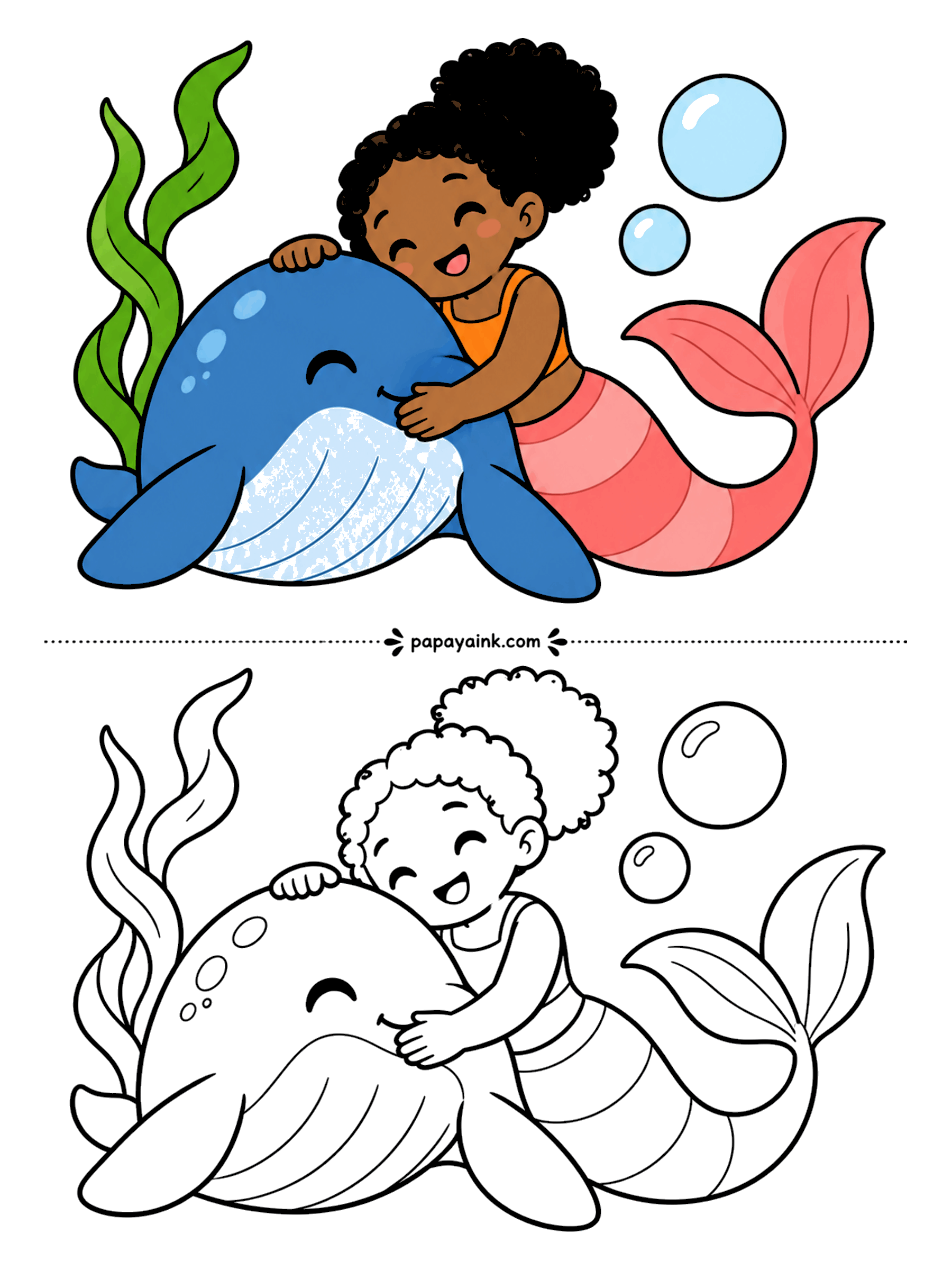 Easy Mermaid Coloring Pages - Cheek to cheek with a round blue whale, eyes closed, both of them smiling. Curly puff of hair, coral-pink tail, two bubbles and a strand of kelp. Almost nothing small to color here, which makes it a good first page.