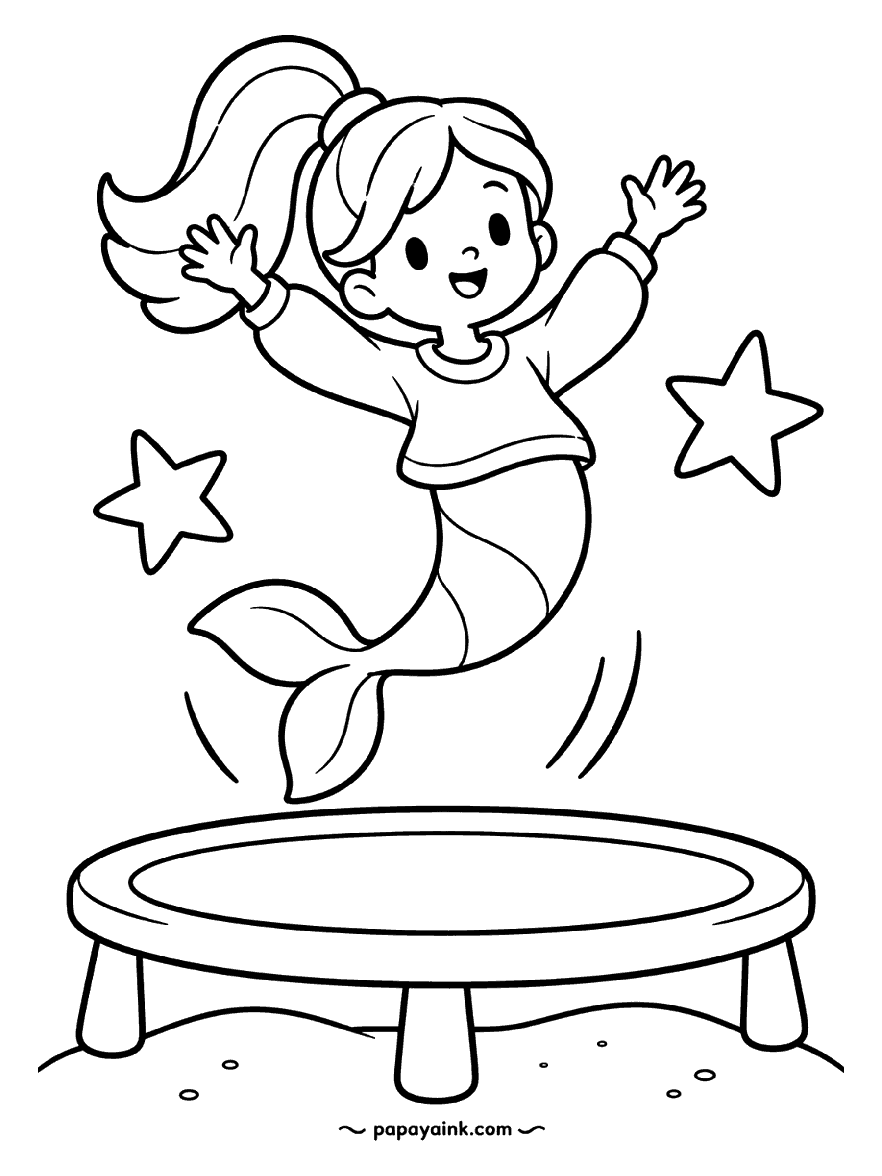 Easy Mermaid Coloring Pages - Ponytail flying, arms wide, a mermaid bounces off a trampoline on the sand with stars popping up around her. Lots of white space; a few extra stars of your own would fit right in.