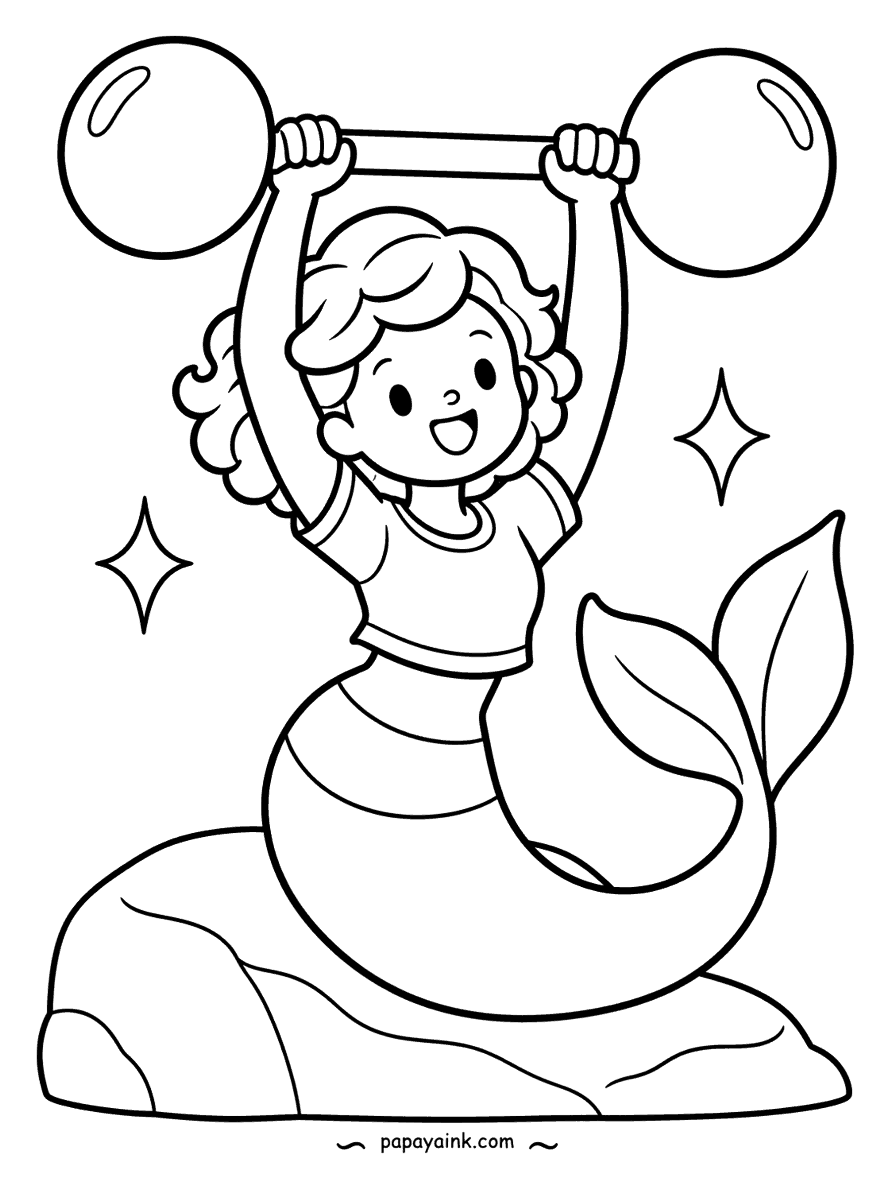 Easy Mermaid Coloring Pages - Her barbell is two giant bubbles on a bar, which explains the grin. Sparkles all around, a flat rock for a gym floor. Keep the bubbles clear and put the heavy color into the tail.