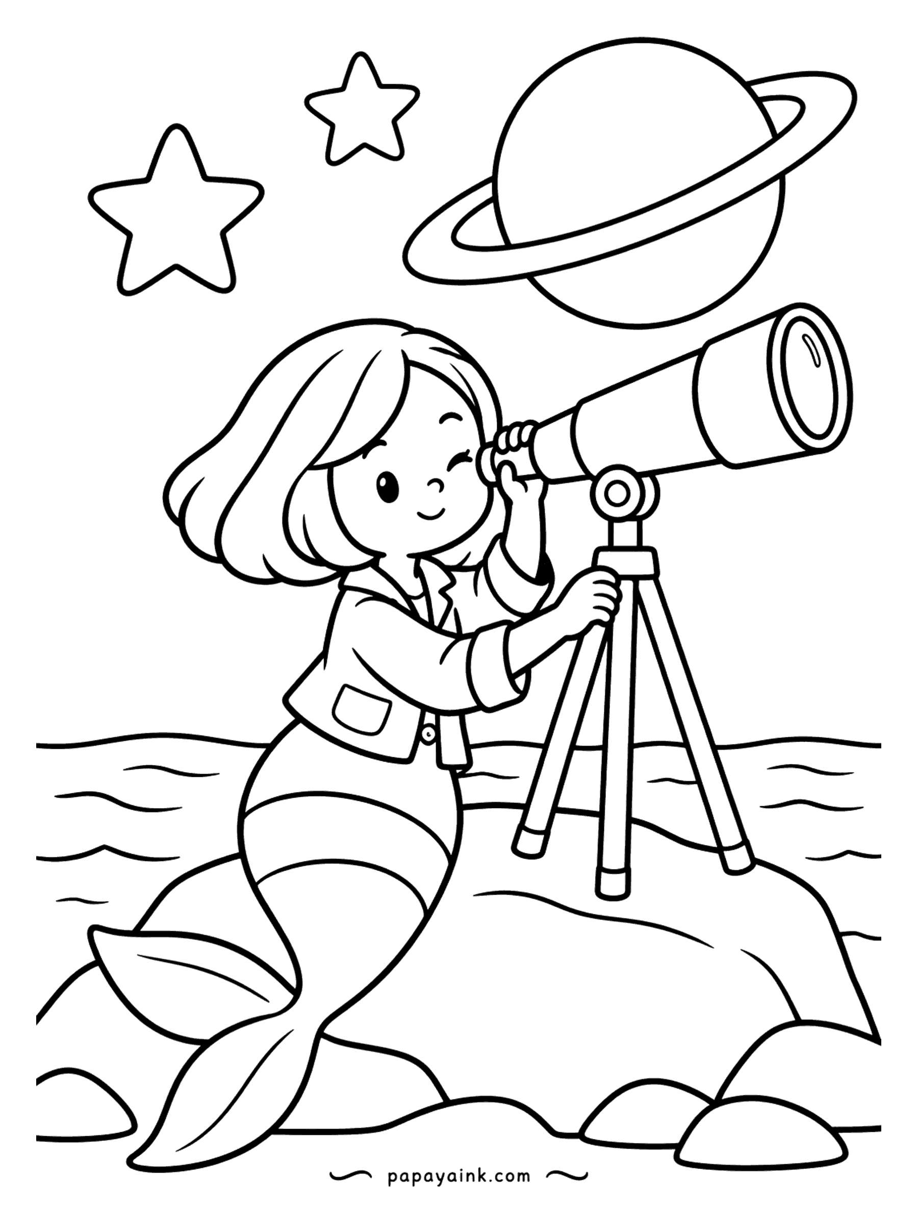 Easy Mermaid Coloring Pages - One eye shut, one eye on Saturn: a jacketed mermaid squints through a telescope from the shore rocks while stars hang over the water. The ringed planet is a big circle begging for a tan and a stripe.
