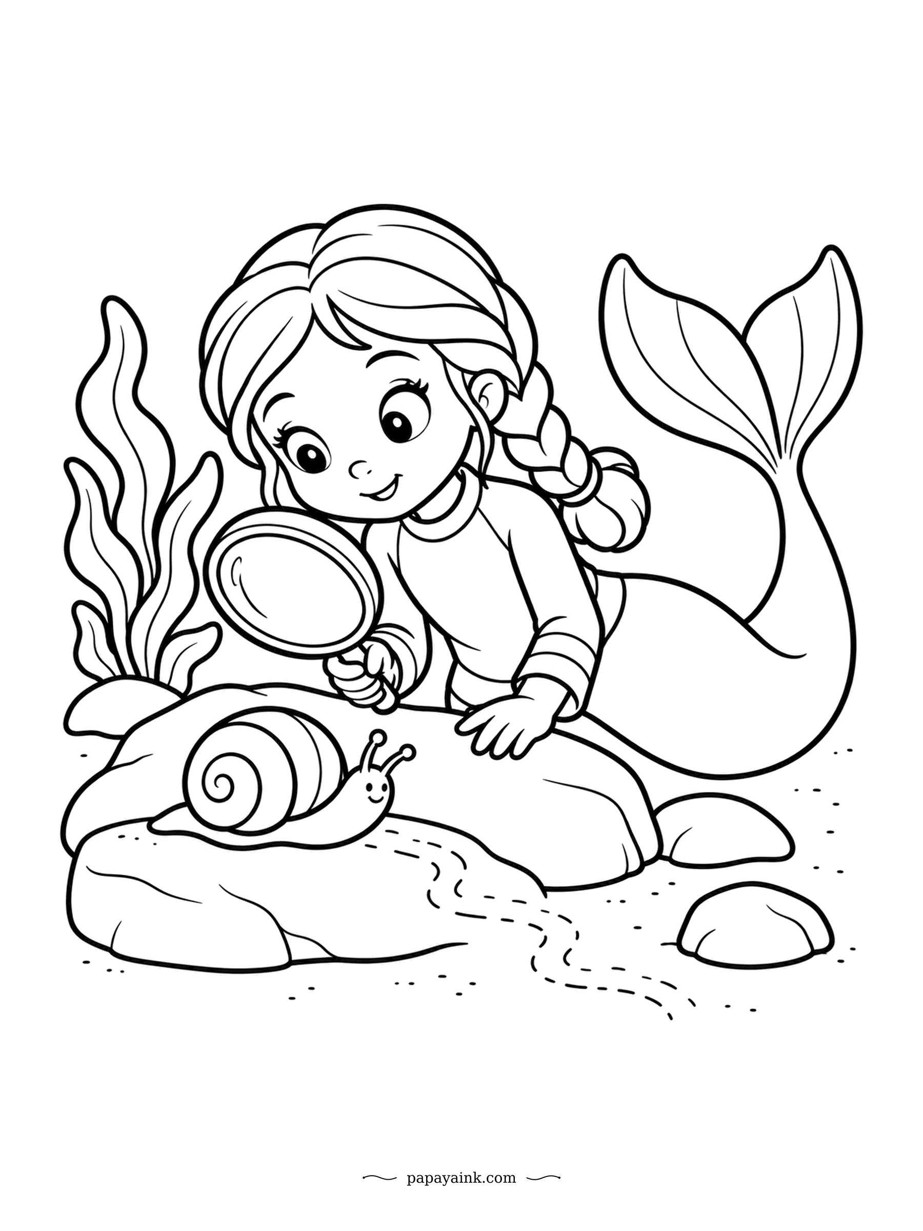 Easy Mermaid Coloring Pages - The dotted line across the rock is a slime trail, and the magnifying glass confirms it: snail, heading west, not in a hurry. The braid, the lens and the rock give you a trio of textures to work on.