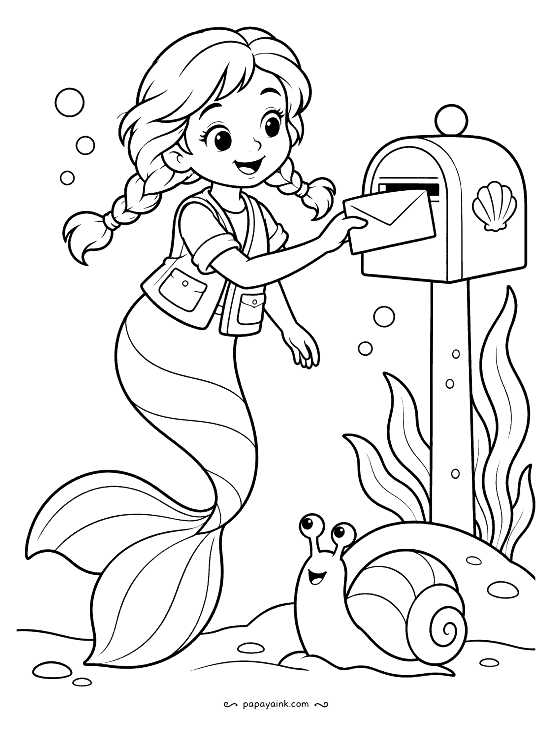 Easy Mermaid Coloring Pages - The envelope is going into a mailbox with a scallop shell painted on its side, and a snail at the foot of the post is waiting for a reply. A mermaid in a vest with pockets does the honors. Red flag, blue mailbox.