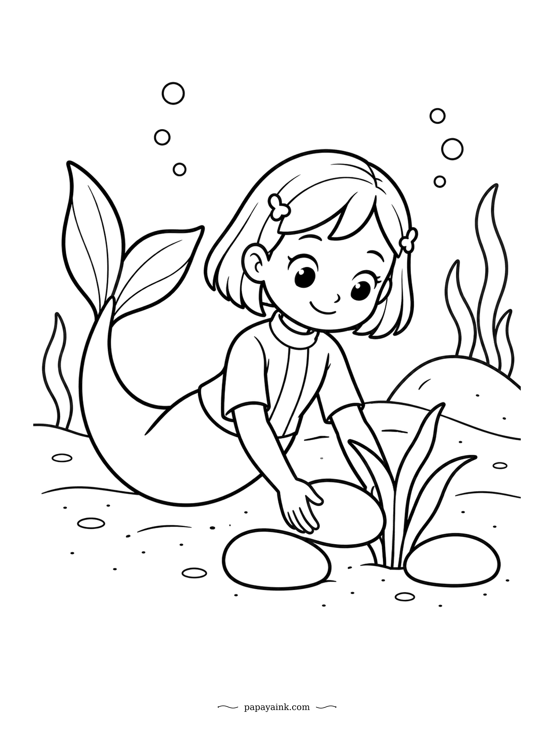 Easy Mermaid Coloring Pages - Stones in a circle around a single tuft of seagrass, placed one pebble at a time. It is either a garden border or a very small fort. Her hair clips and the stripe down her top are the only busy details on a simple sheet.