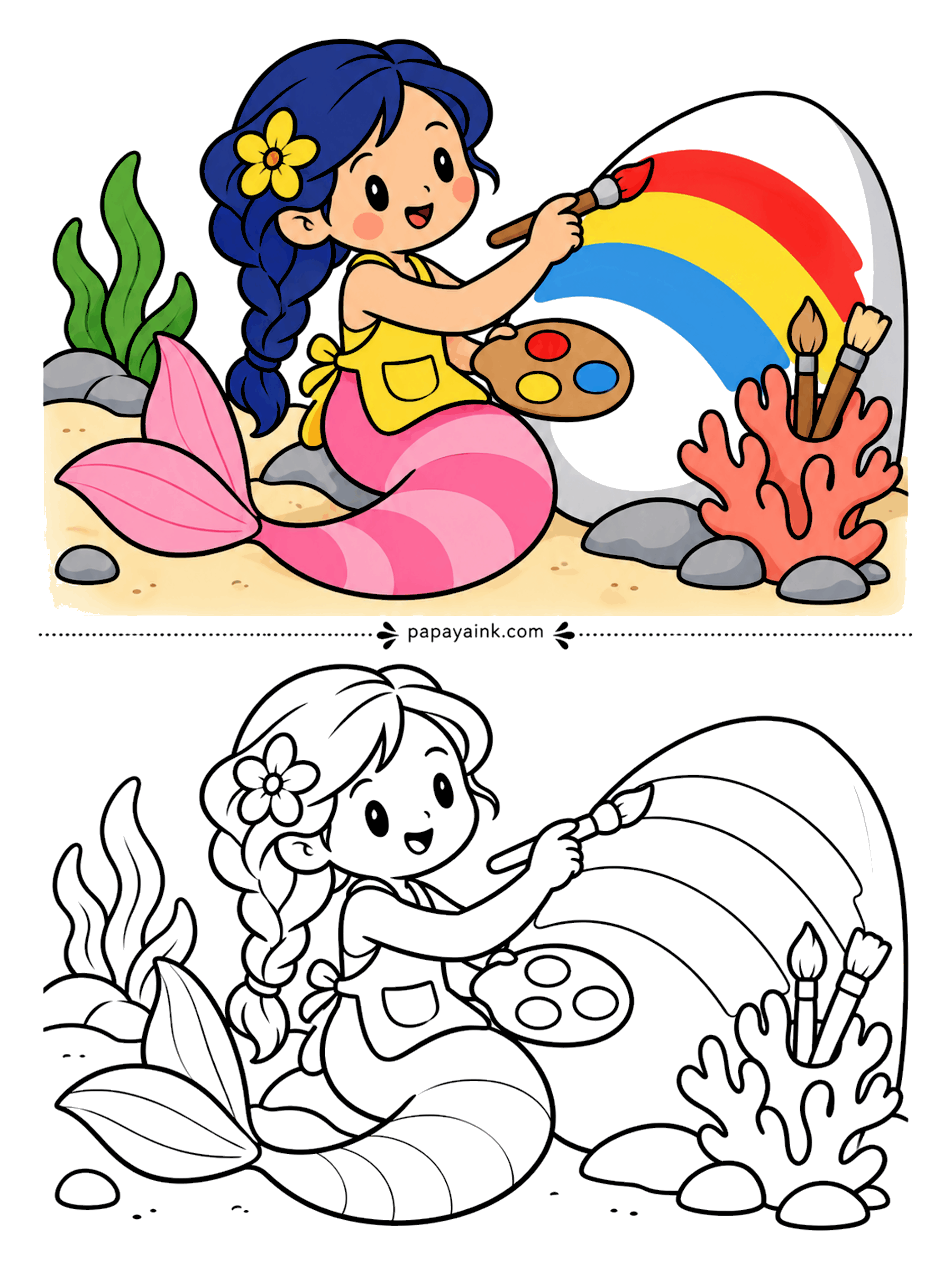 Easy Mermaid Coloring Pages - Brush in one hand, palette in the other, a blue-braided mermaid paints a rainbow across a boulder while spare brushes stand in a coral jar. The outline leaves the rainbow blank, so the bands are yours to order.