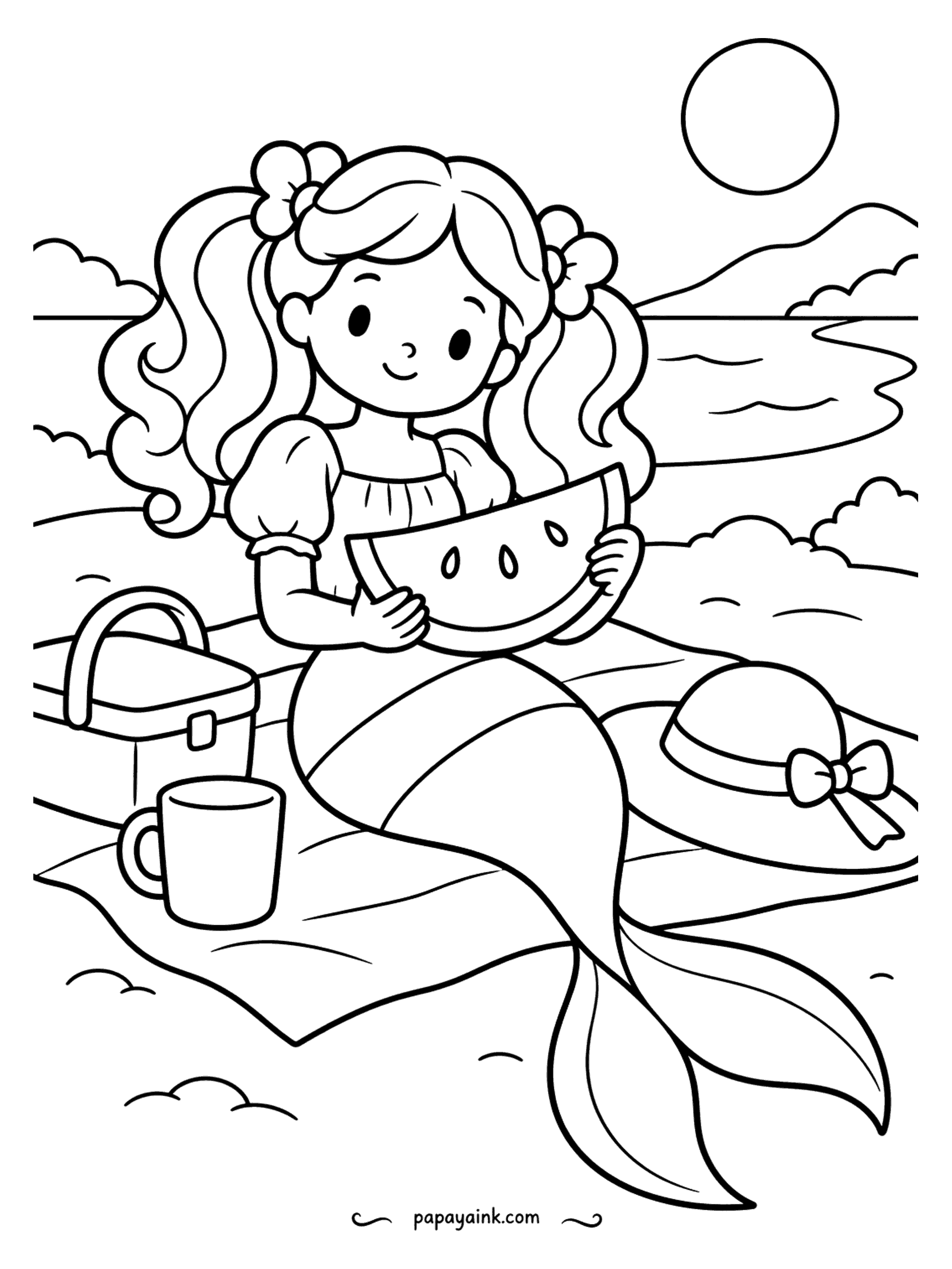 Easy Mermaid Coloring Pages - Picnic blanket, basket, sun hat with a bow and a wedge of watermelon as wide as her smile. Pigtails tied with bows. Pink and green for the fruit, with the black seeds drawn in last.