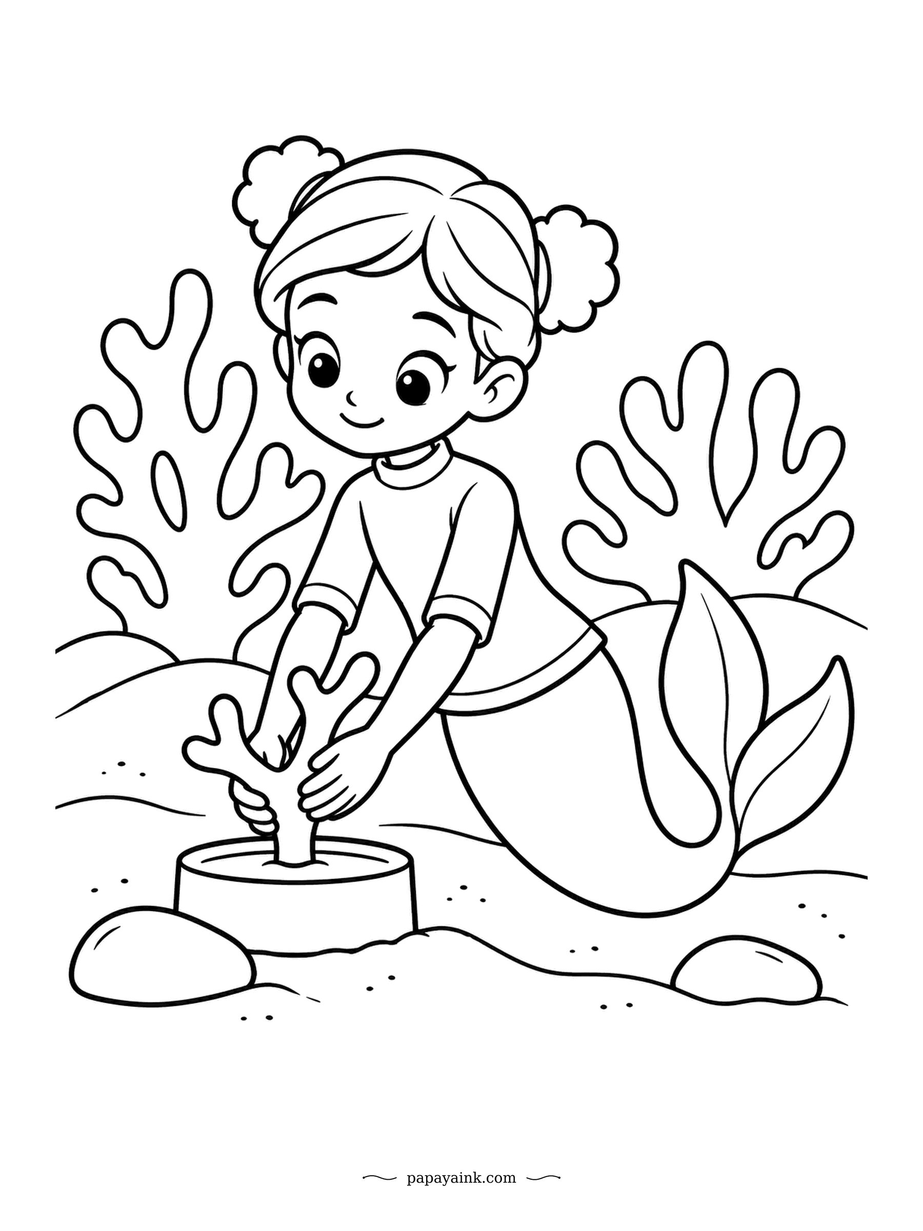 Easy Mermaid Coloring Pages - Into the pot goes a small branch of coral, which is how reef gardeners grow new colonies from broken pieces. The two big corals behind her show what it is aiming for. Keep the fragment pale and let the parents carry the color.
