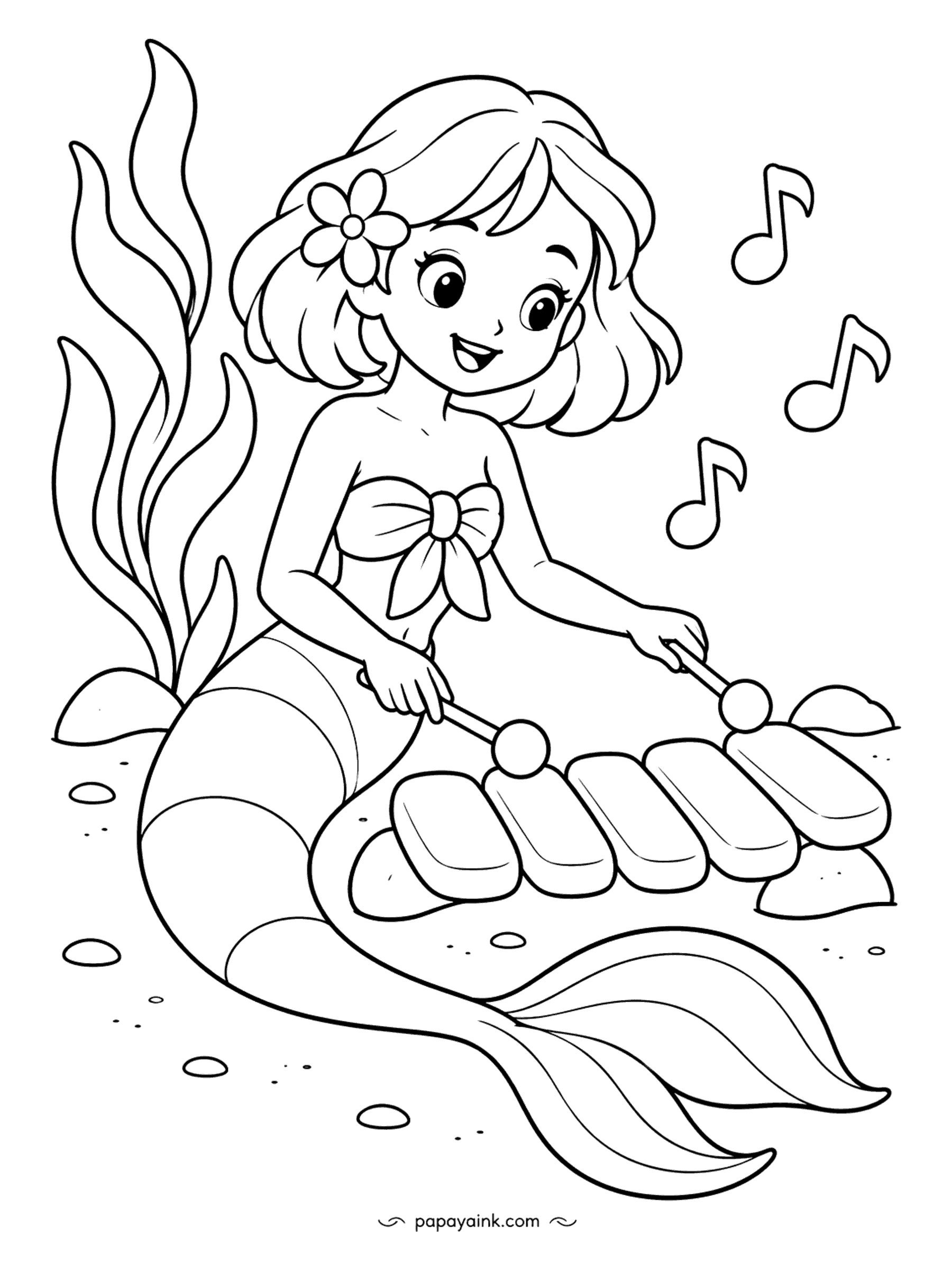 Easy Mermaid Coloring Pages - Flat stones in a row make a xylophone, and the mermaid with a bow on her top taps out a tune with two mallets. Notes float up past her. Color each stone a different note.