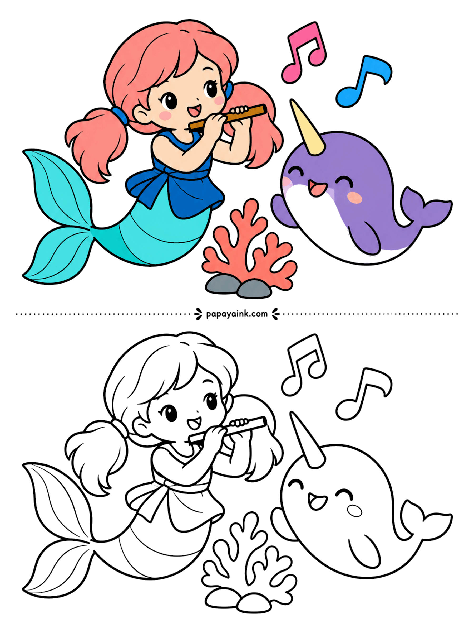 Easy Mermaid Coloring Pages - Pigtails bouncing, a mermaid plays the flute, and a purple narwhal with a single spiral tusk closes its eyes to listen. Two music notes drift up. Plenty of white space around them; add bubbles if you want more to fill.