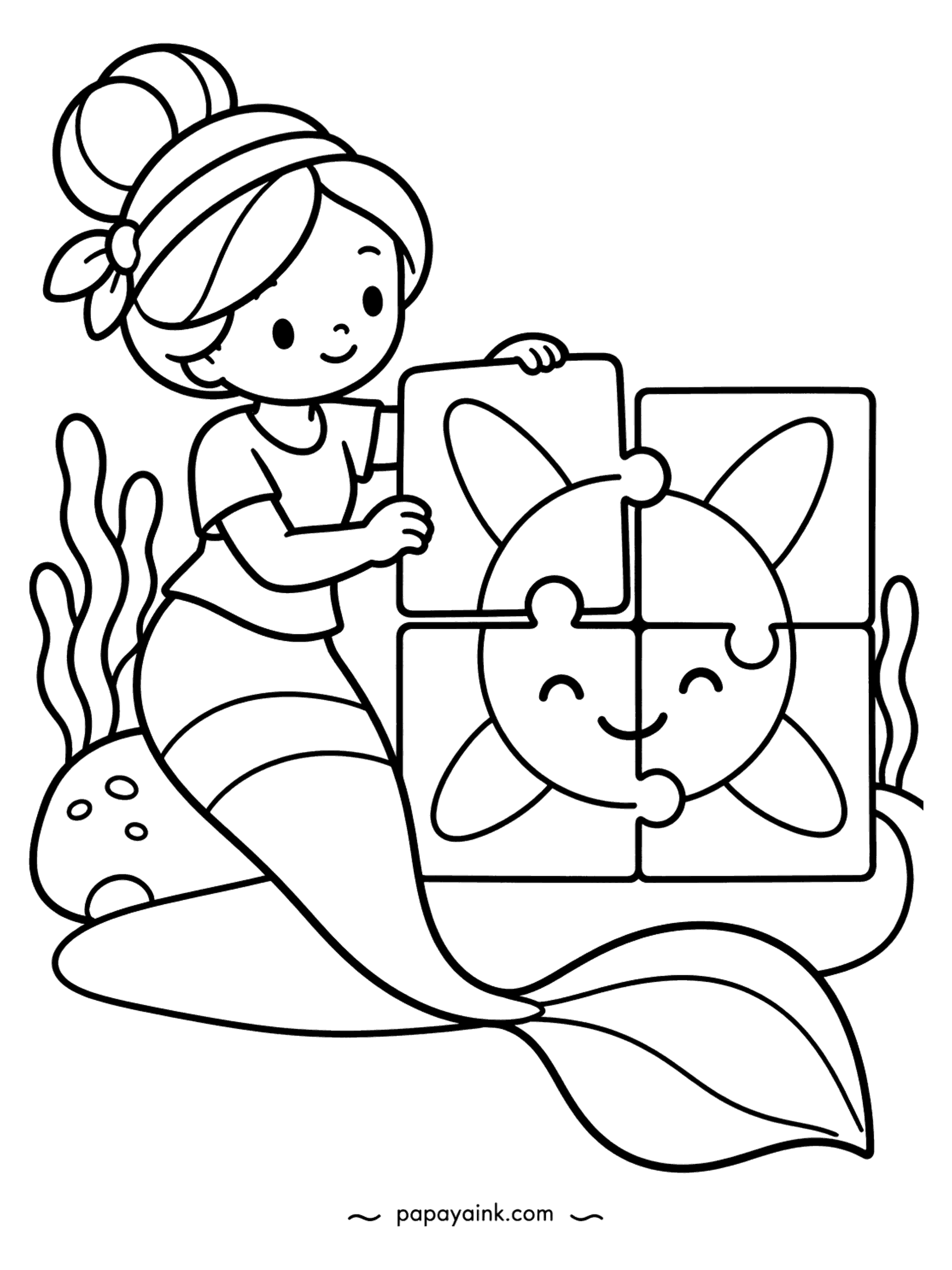 Easy Mermaid Coloring Pages - Four big puzzle pieces make one smiling sun, and the one in the headscarf is sliding the last one in. Yellow for the sun, of course, and a different border color for each piece.