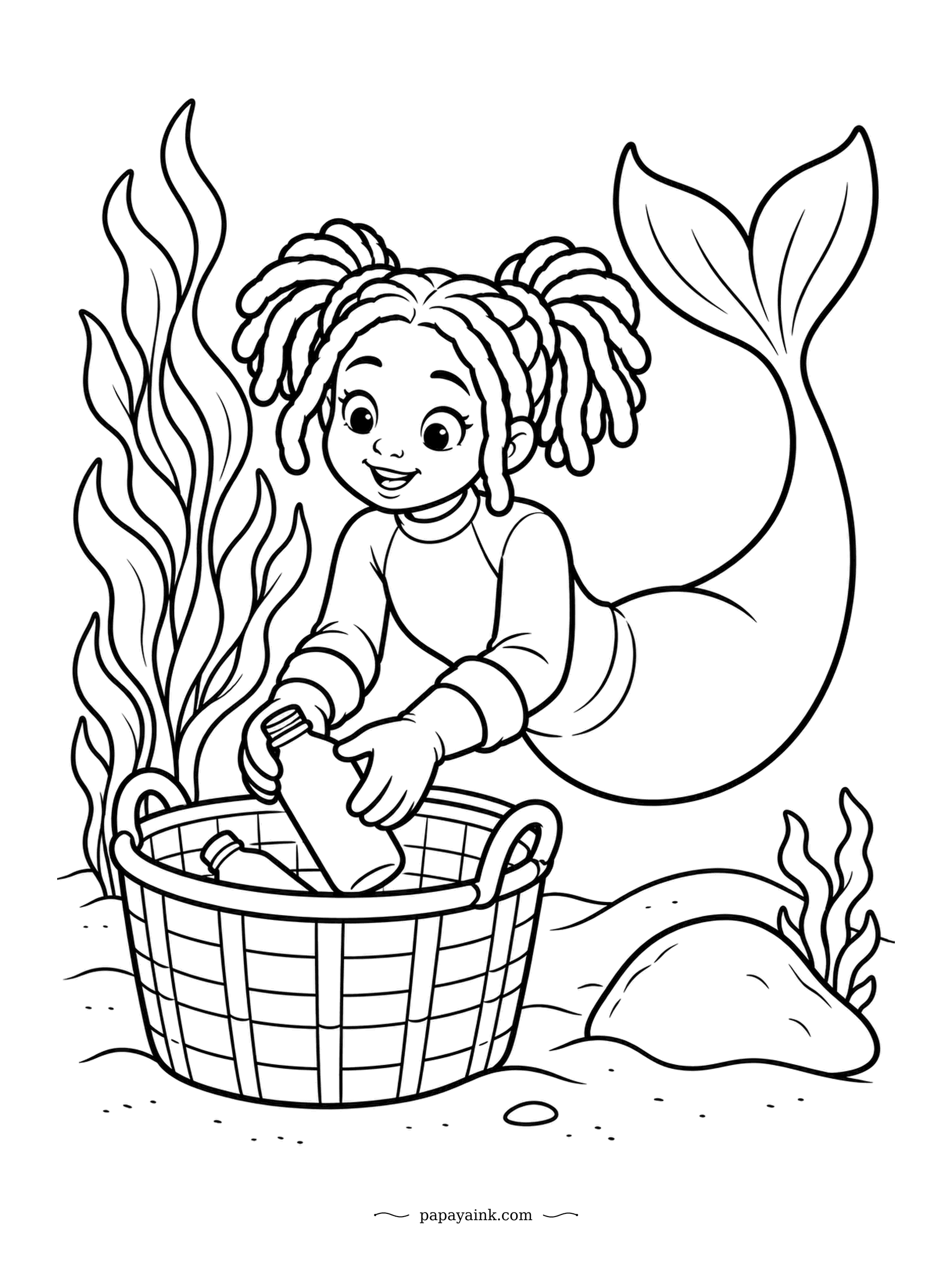 Easy Mermaid Coloring Pages - One bottle in, several more in the basket, and a cleaner reef by the end of the afternoon. Her twisted pigtails float up while she works. The woven basket is a nice spot for a two-tone weave pattern.