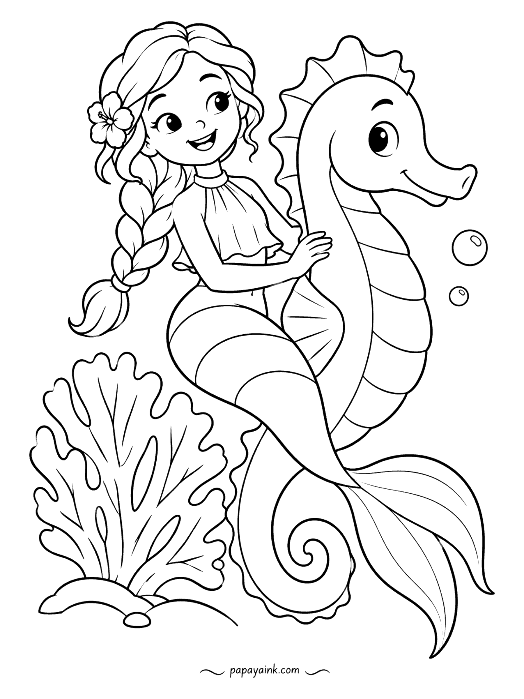 Easy Mermaid Coloring Pages - Riding sidesaddle on a seahorse exactly her own size, a long-braided mermaid holds on tight. The seahorse's belly is a ladder of wide stripes, so count out two or three colors and alternate.