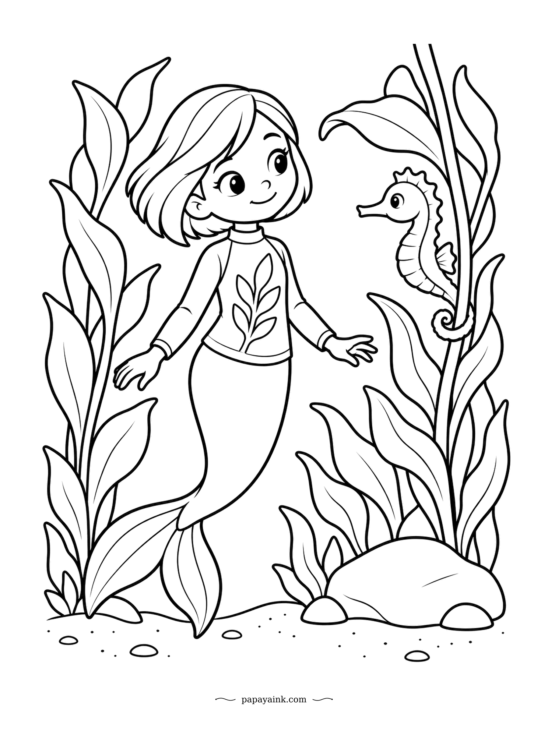 Easy Mermaid Coloring Pages - Seahorses are poor swimmers, so this one has wrapped its tail around a kelp stalk and is letting the water go by. It picked a stalk right next to a friendly face. Detailed - kelp fills the whole frame.