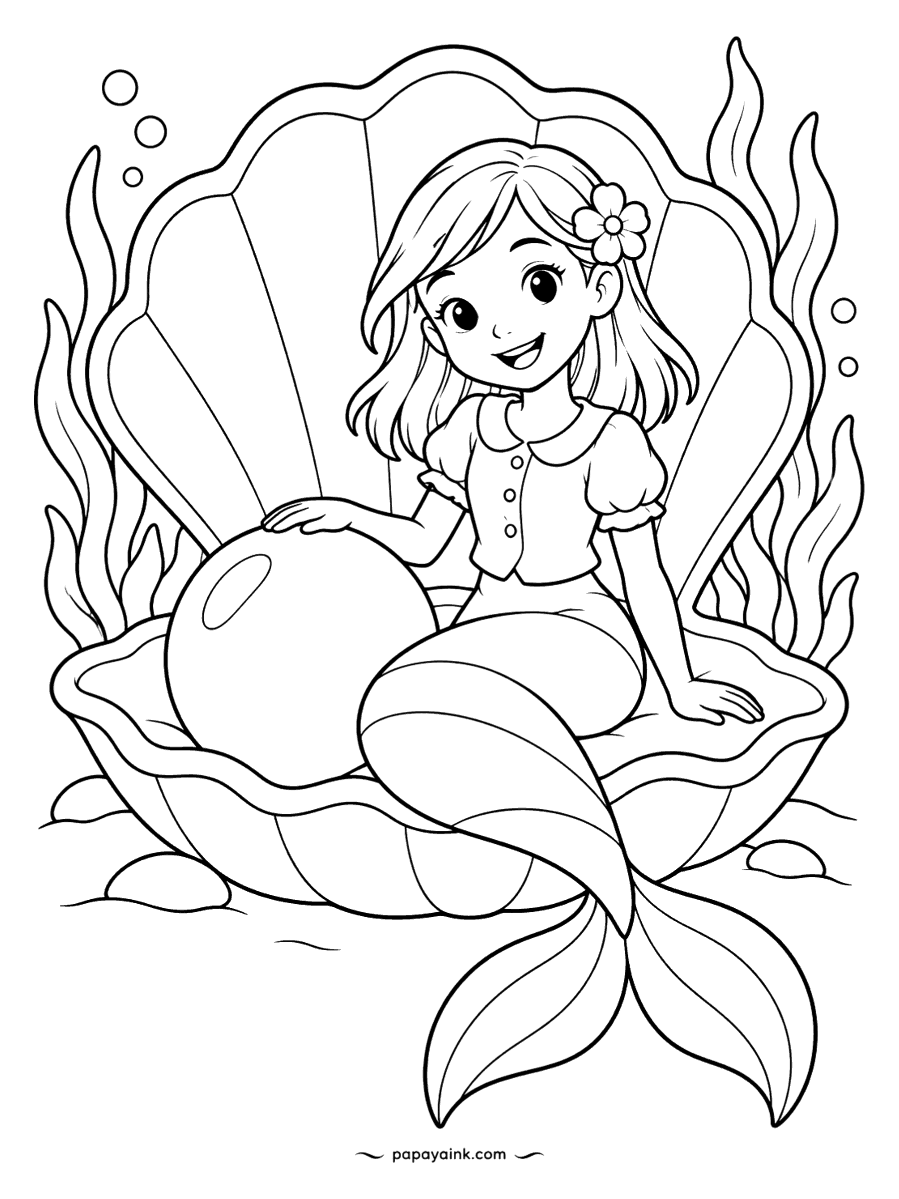 Easy Mermaid Coloring Pages - She has found the biggest pearl in the ocean and is keeping one hand on it, just in case. The open oyster shell behind her is a fan of smooth ribs, easy to shade from light to dark.