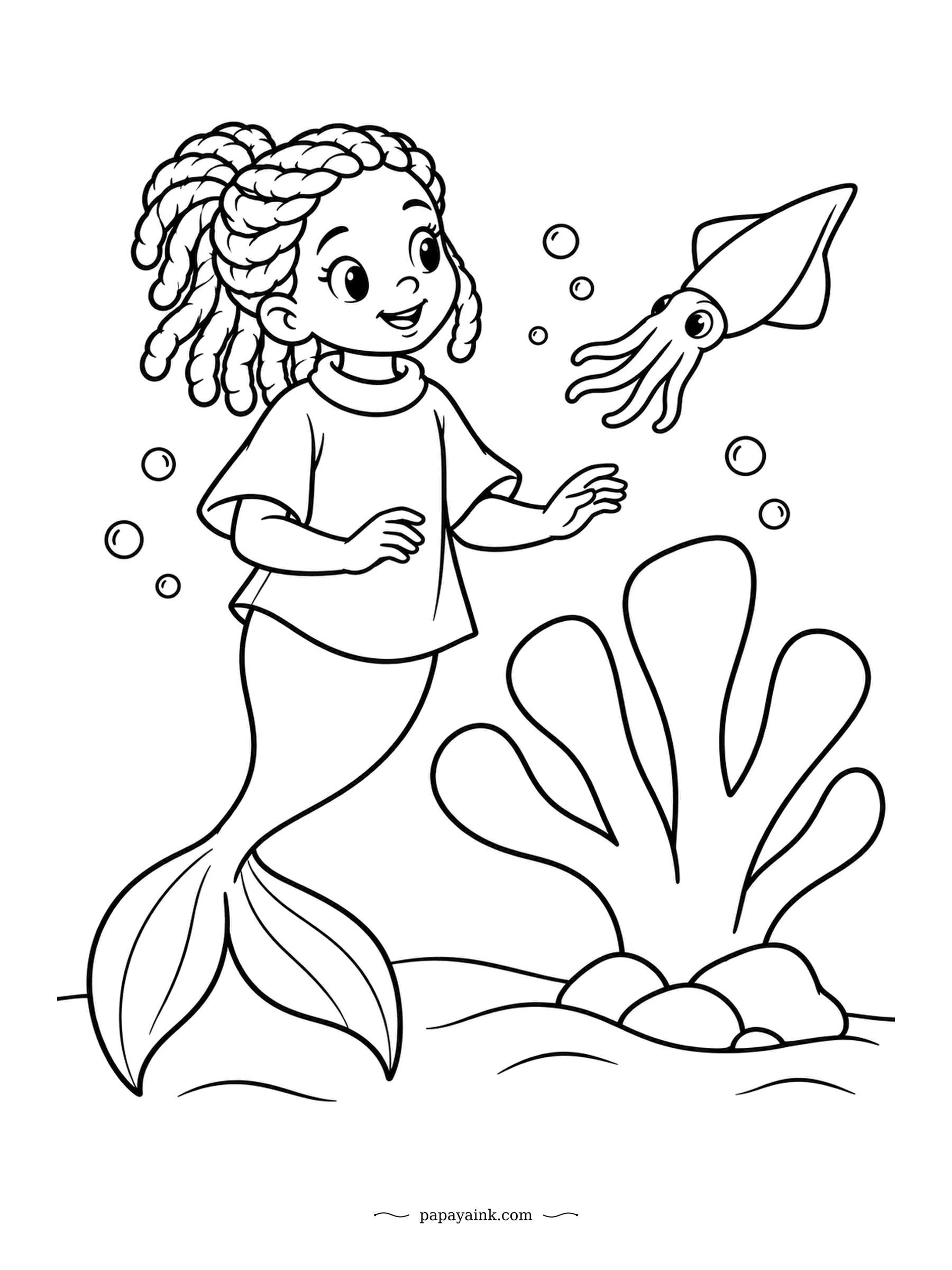 Easy Mermaid Coloring Pages - The small squid above the sea fan, fins rippling, is probably deciding whether the mermaid counts as a threat. She waves. Sea fans are soft corals, and a flat branching shape like this one usually comes in orange or purple.