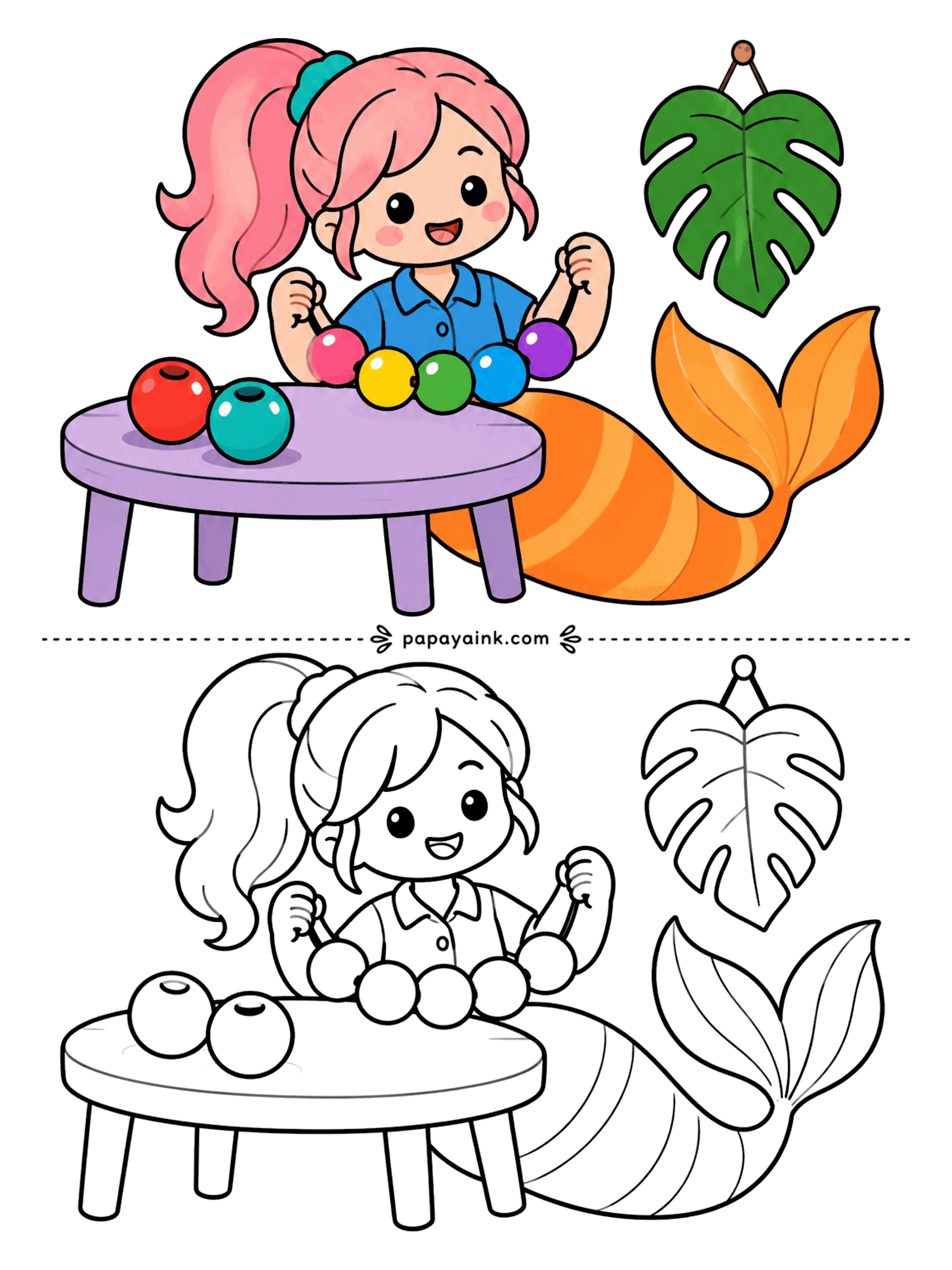 Easy Mermaid Coloring Pages - Beads of every color go onto the string, one at a time, at a little purple table with a monstera leaf hanging above. Her tail is bright orange in the sample, but the outline will take whatever you own.