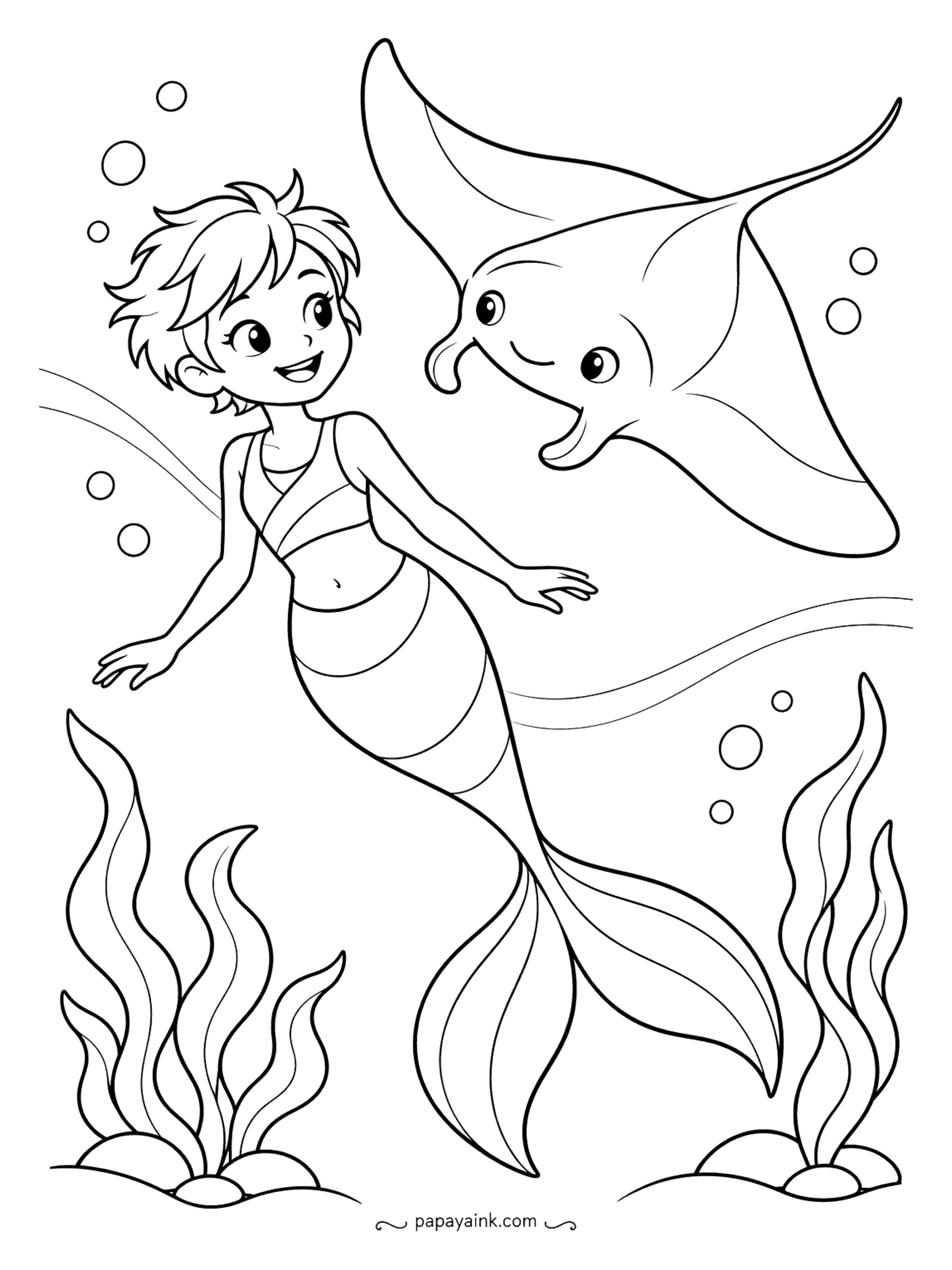 Easy Mermaid Coloring Pages - Short hair, strong stroke: this mermaid swims alongside a manta ray almost as wide as the page. Two wavy lines mark the current. Deep blue for the water makes the white manta belly pop.