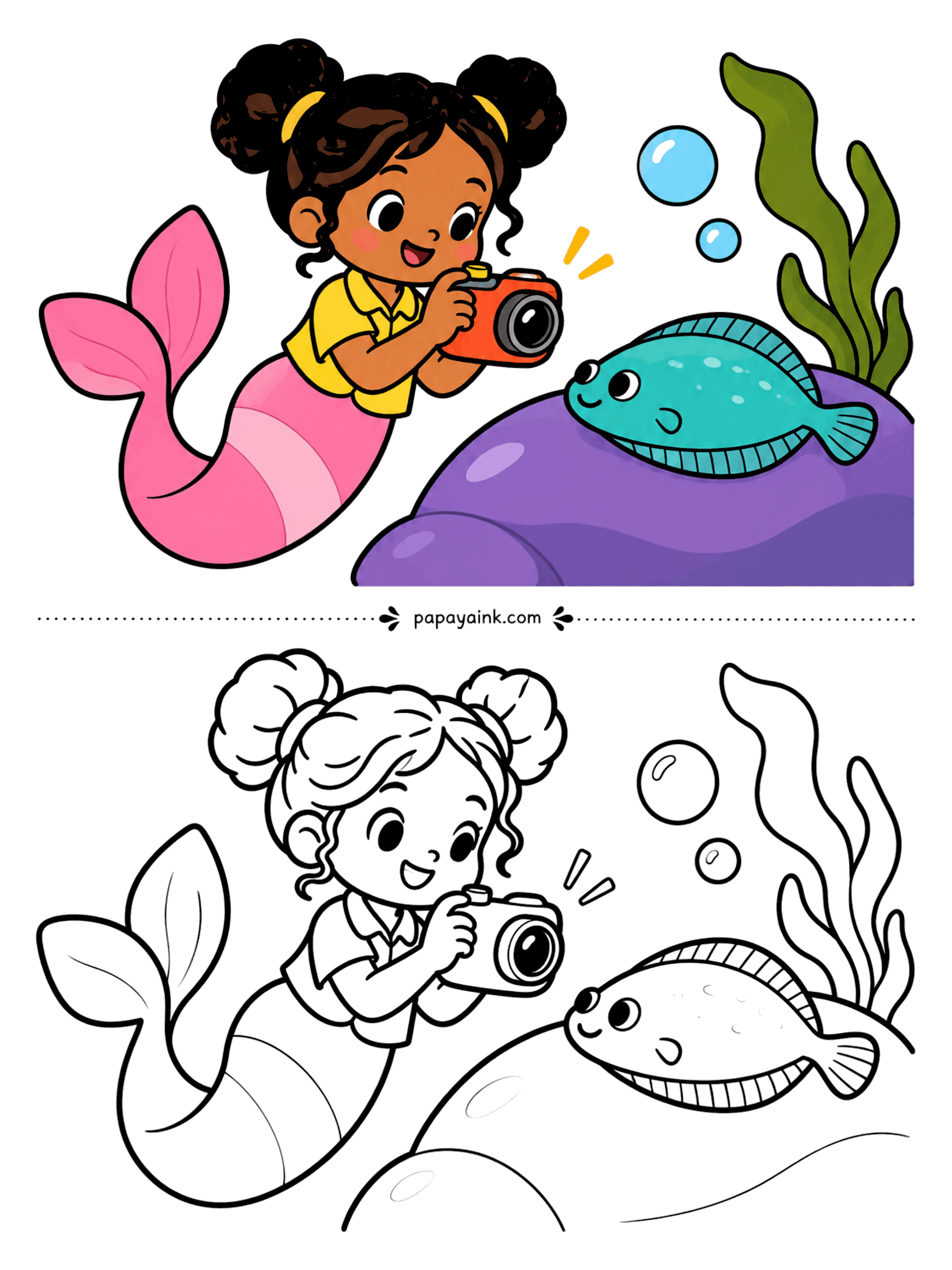 Easy Mermaid Coloring Pages - Say cheese: a mermaid with twin buns points her orange camera at a flounder resting on a purple rock, and the flounder actually poses. The flat fish is a long oval, perfect for spots or stripes.