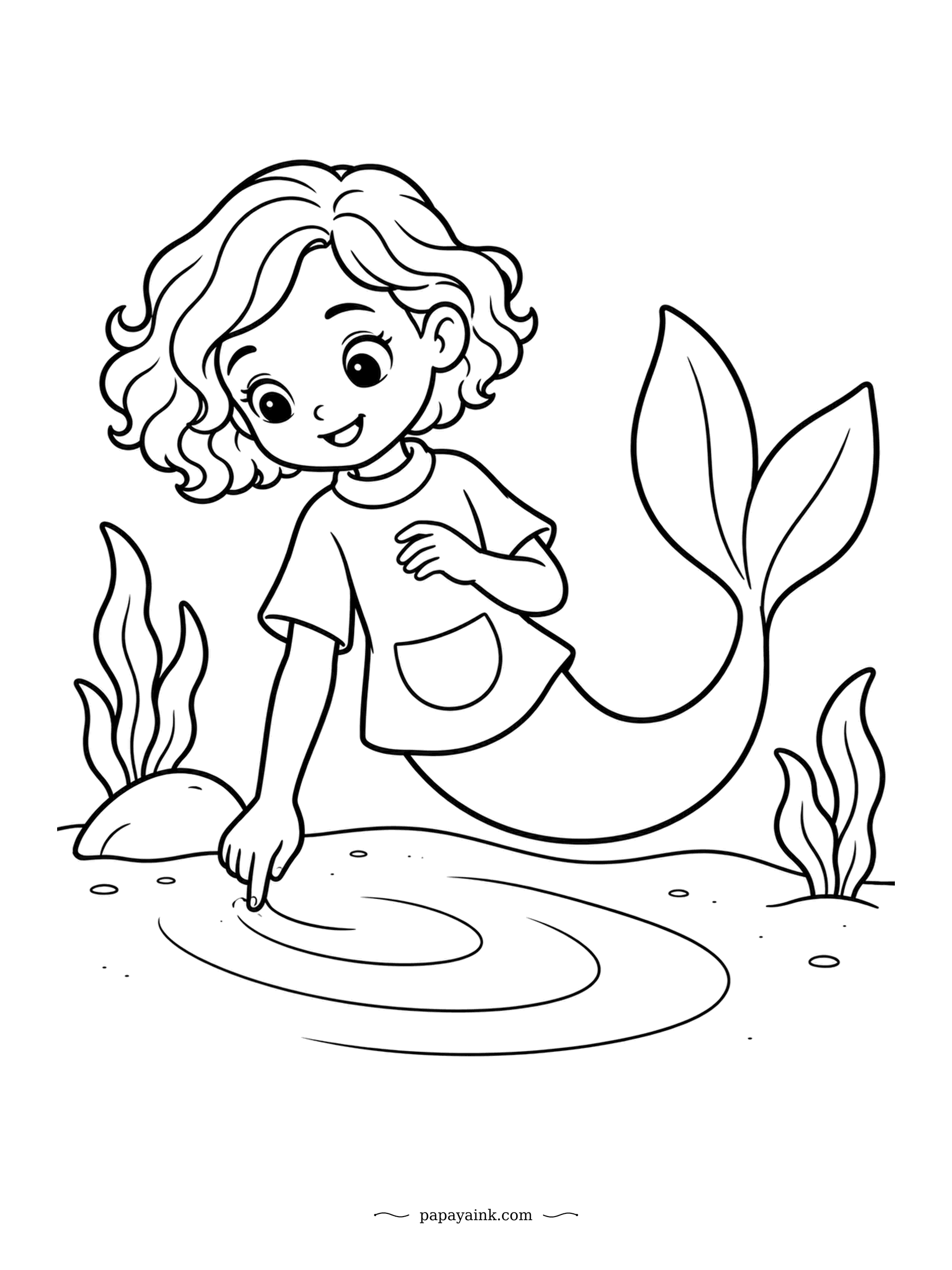 Easy Mermaid Coloring Pages - One finger, one spiral, and the ripples that the current left behind. Her pocket tee and short waves of hair frame a very quiet moment. Use a single warm color for the sand and let the spiral be the darker line.