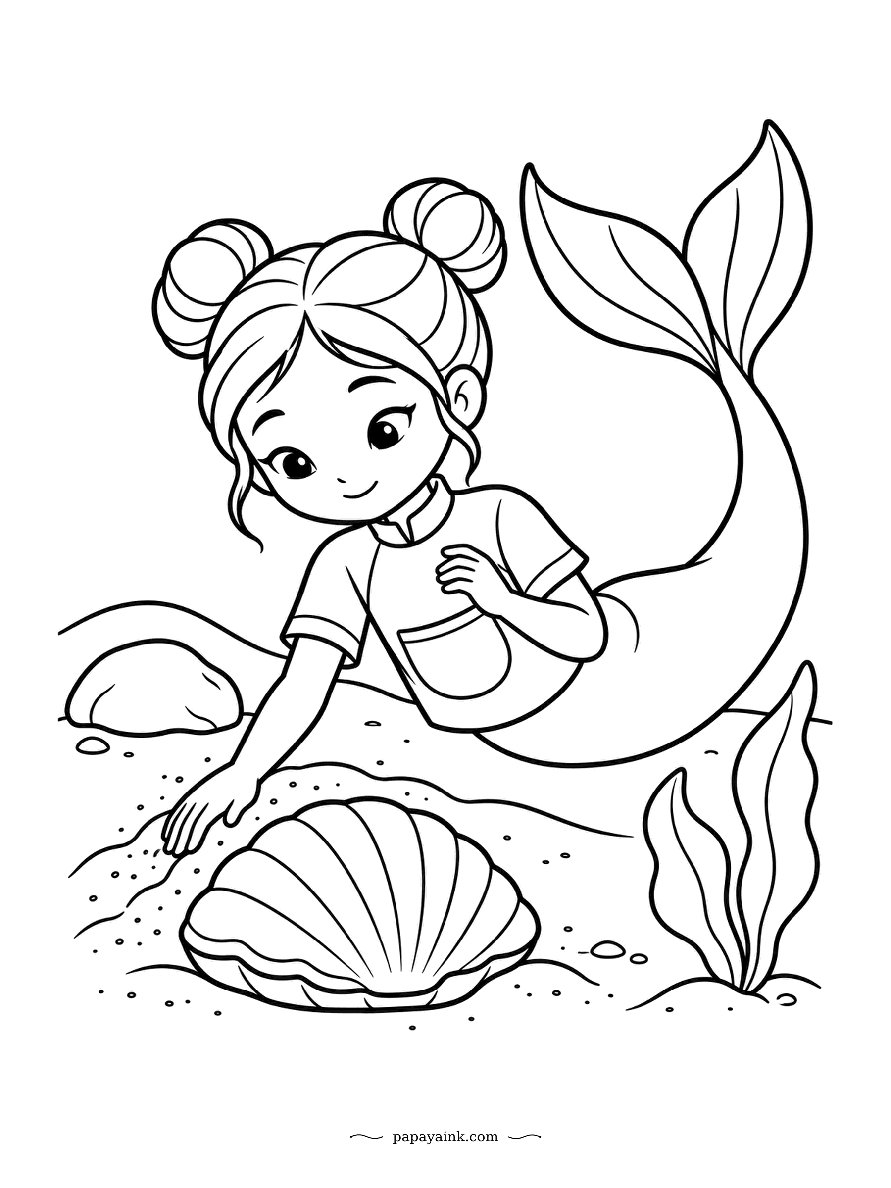 Easy Mermaid Coloring Pages - Brushing the sand off a scallop bigger than her hand. Scallops swim by clapping their shells together, so if this one is alive it may leave on its own. Double buns and the fan of ribs on the shell are the main shapes here.