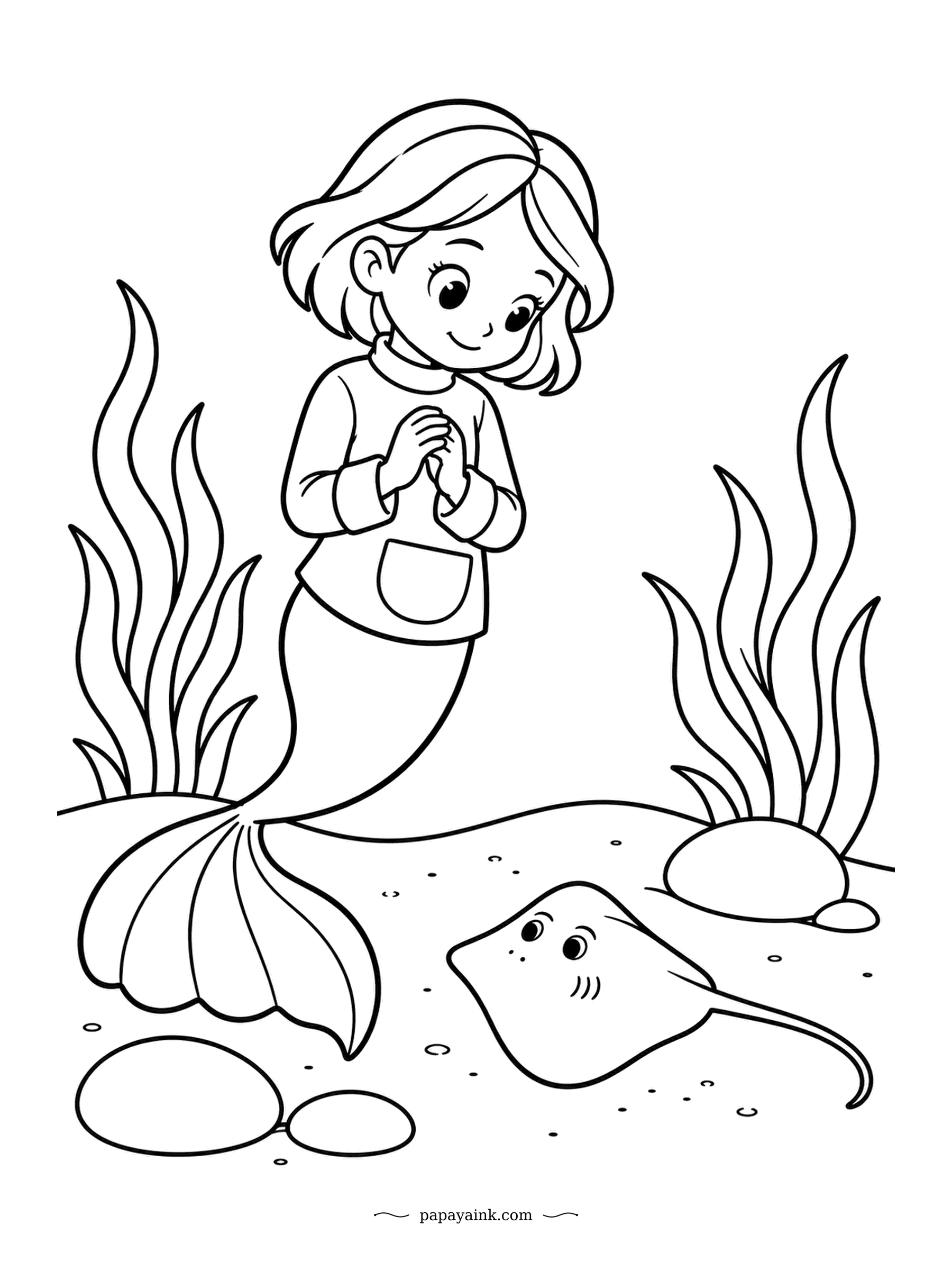 Easy Mermaid Coloring Pages - Baby skates hatch from leathery egg cases nicknamed mermaid's purses, which makes this something of a family visit. It rests flat on the bottom, freckles and all. Shade the sand around it and leave the skate pale.