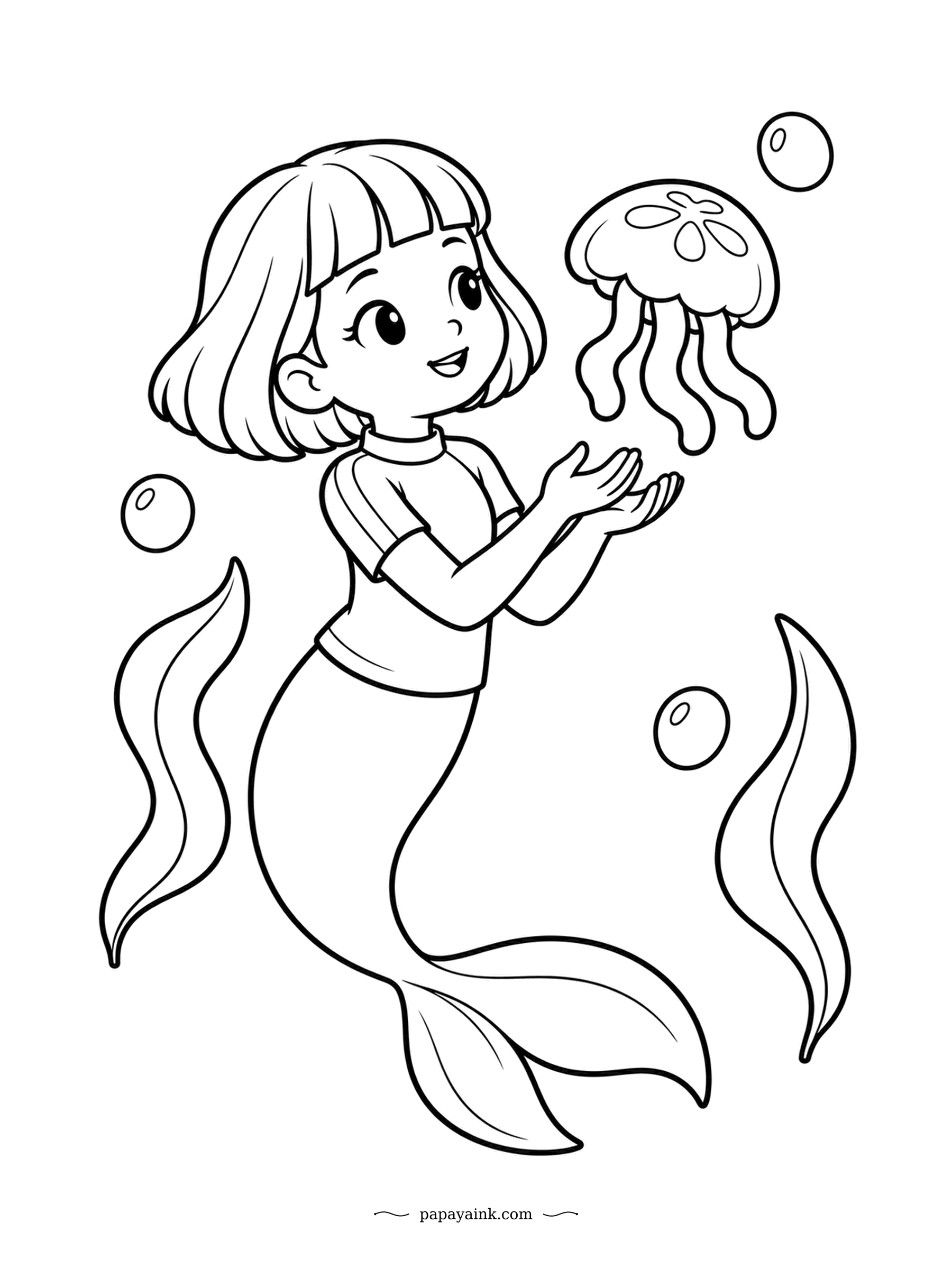 Easy Mermaid Coloring Pages - Down into her cupped hands drifts a moon jelly, tentacles trailing. The four horseshoe shapes on top are its insides showing through the clear bell. Soft blue or lilac, almost see-through, is the honest choice here.