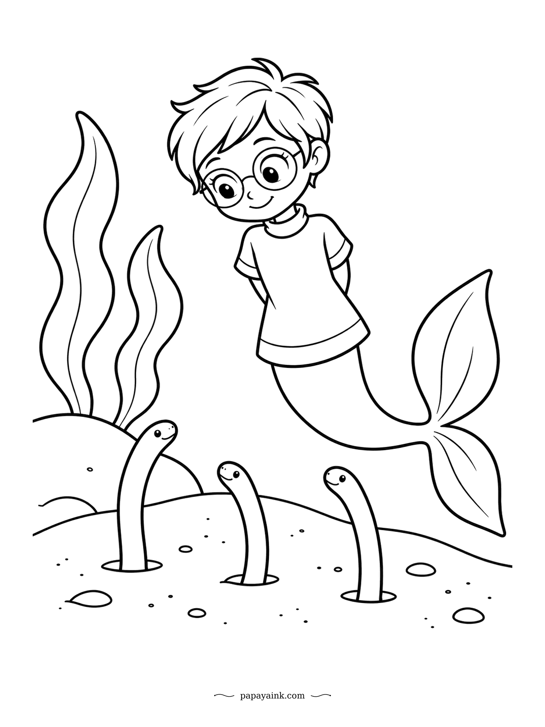 Easy Mermaid Coloring Pages - Garden eels never leave their burrows entirely; they rise up like blades of grass to feed and sink back down when something comes too close. Three of them have decided the merboy in glasses is not a threat. Yet.