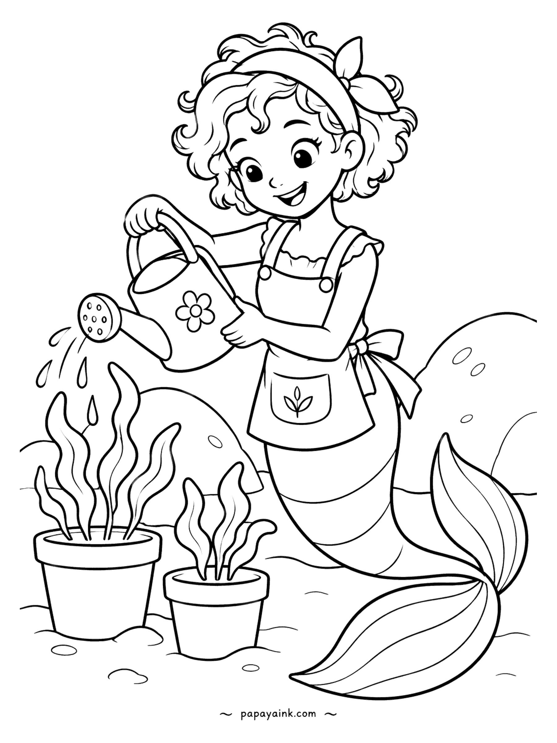 Easy Mermaid Coloring Pages - Gardening under the sea takes an apron, a watering can and a lot of patience. The kelp grows in clay pots, which the mermaid finds completely normal. Terracotta for the pots, a bright green for the leaves.