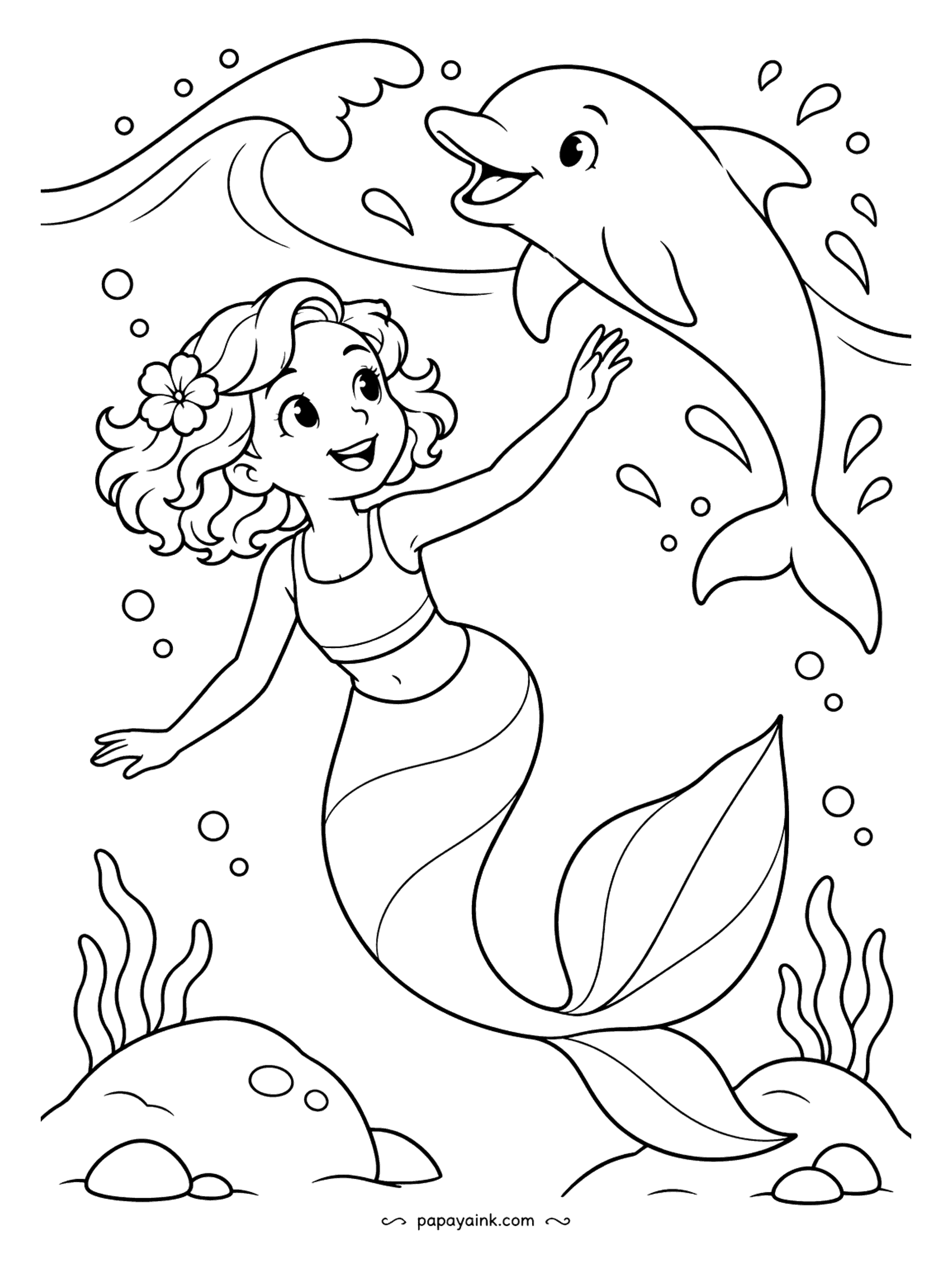 Easy Mermaid Coloring Pages - A dolphin clears the wave and the mermaid cheers it on from below. Splashes and bubbles all around, open sea behind. Gray for the dolphin, with a white belly for the classic look.