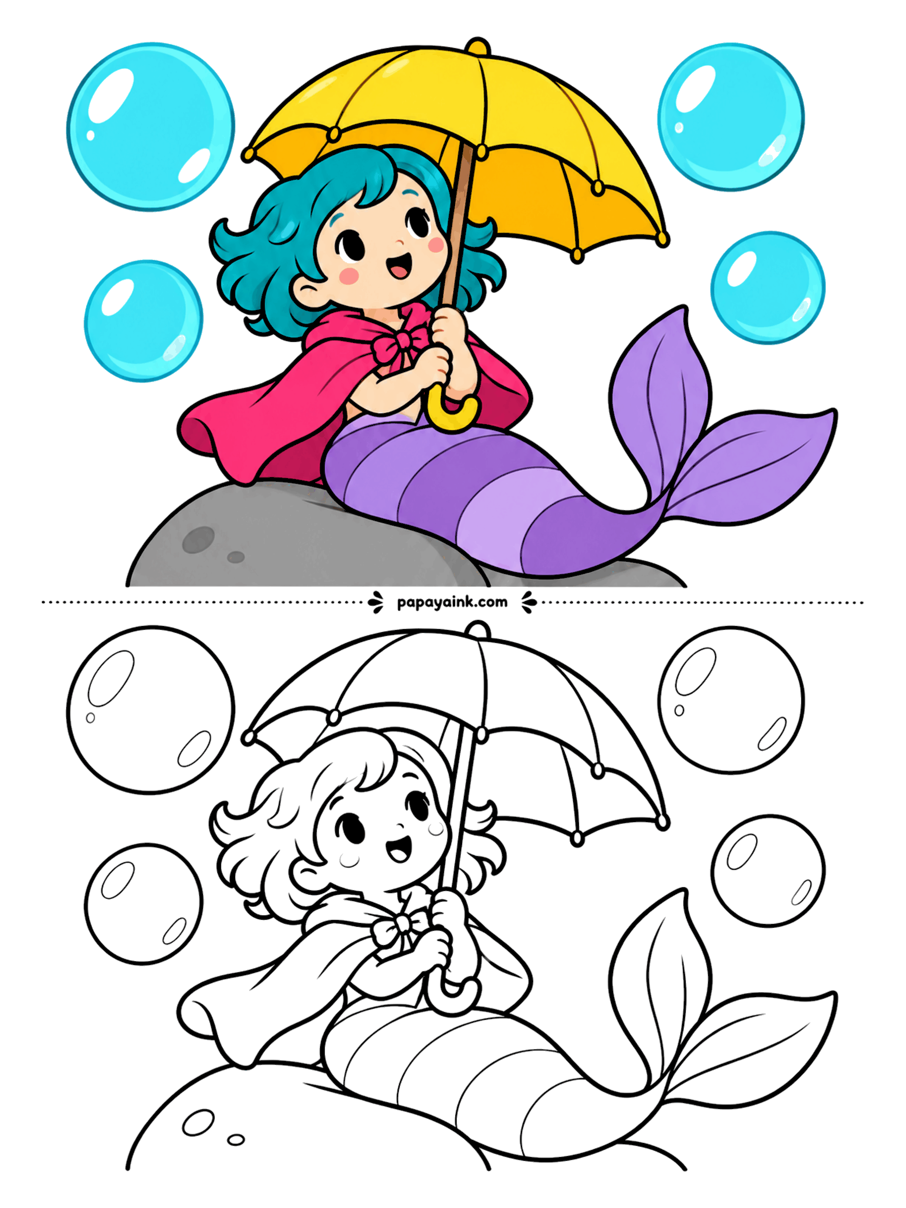 Easy Mermaid Coloring Pages - Rain never reaches the bottom of the sea, and this red-caped mermaid has opened her yellow umbrella anyway. Big bubbles frame her. The umbrella panels are wedges made for alternating two colors.