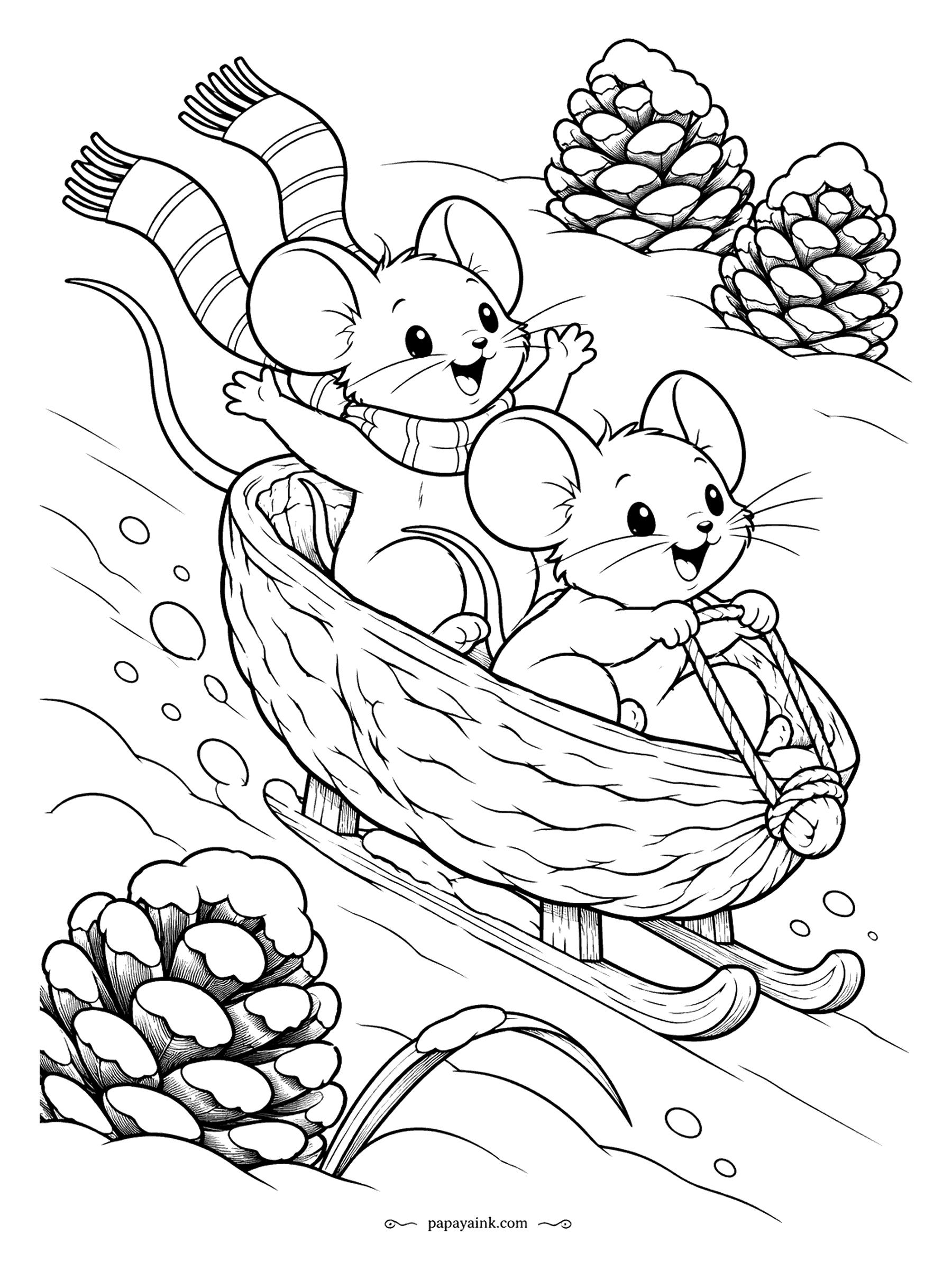 Free Printable Winter Coloring Pages - A walnut shell makes a perfect two-mouse toboggan. One rider steers the twig runners, the other flings both paws high as they shoot past pinecones taller than they are. Detailed - every ridge of the shell and cone is drawn in.