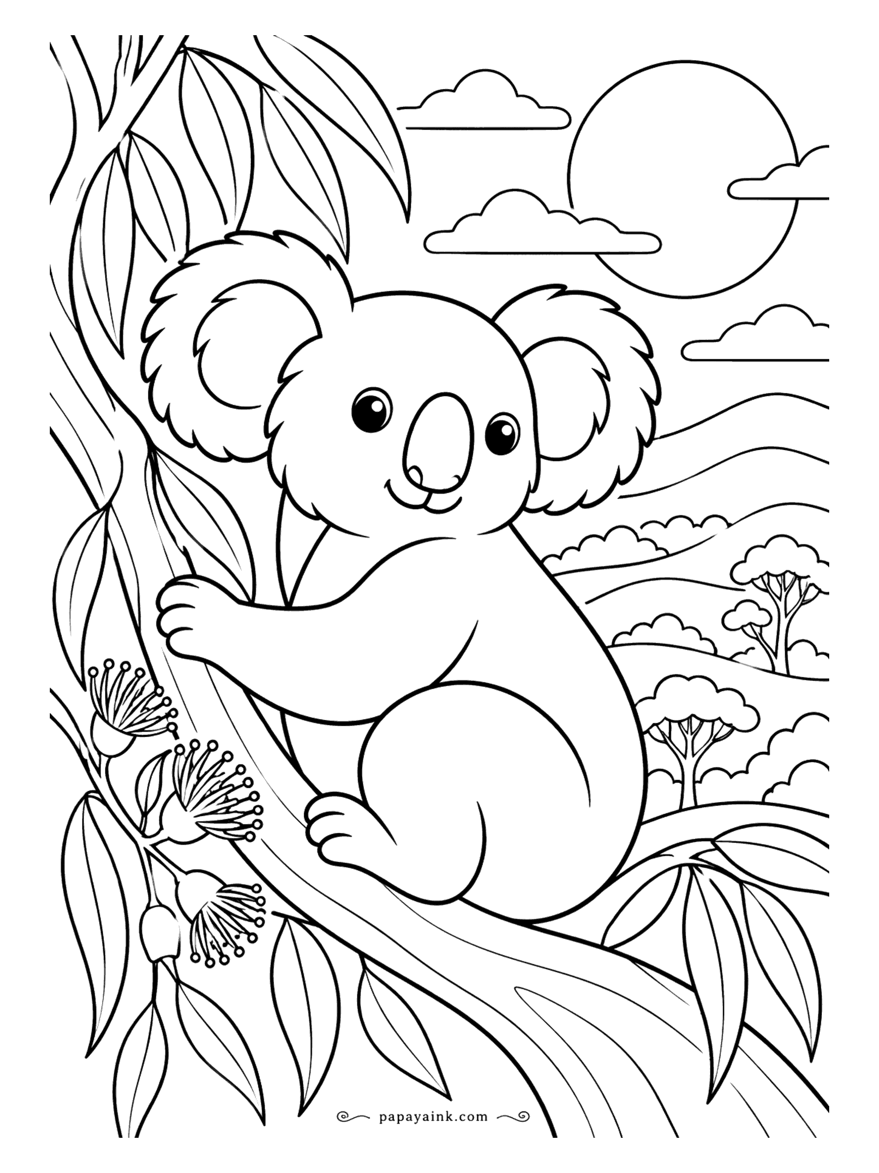 Koala Coloring Pages - Clean curves, a flat round sun and simple rolling trees give this koala the look of a 1960s poster. Mustard, teal and burnt orange are the colors the style was born with.